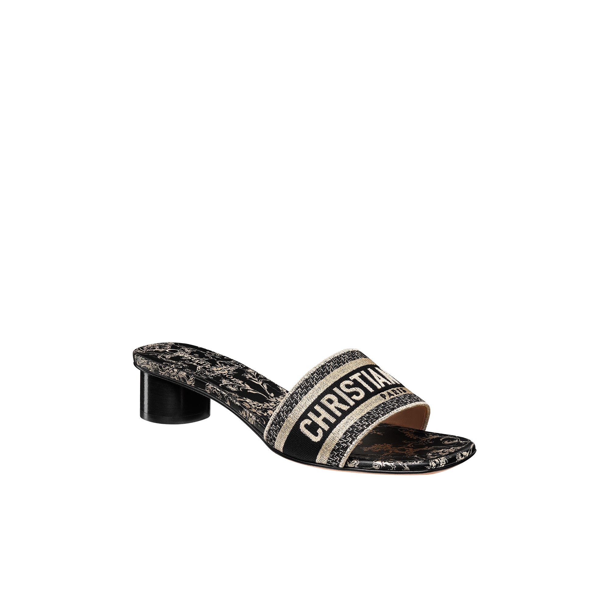 Dway Heeled Slide Cotton Embroidered with Metallic Thread and Black and Gold-Tone Floral Motif E03