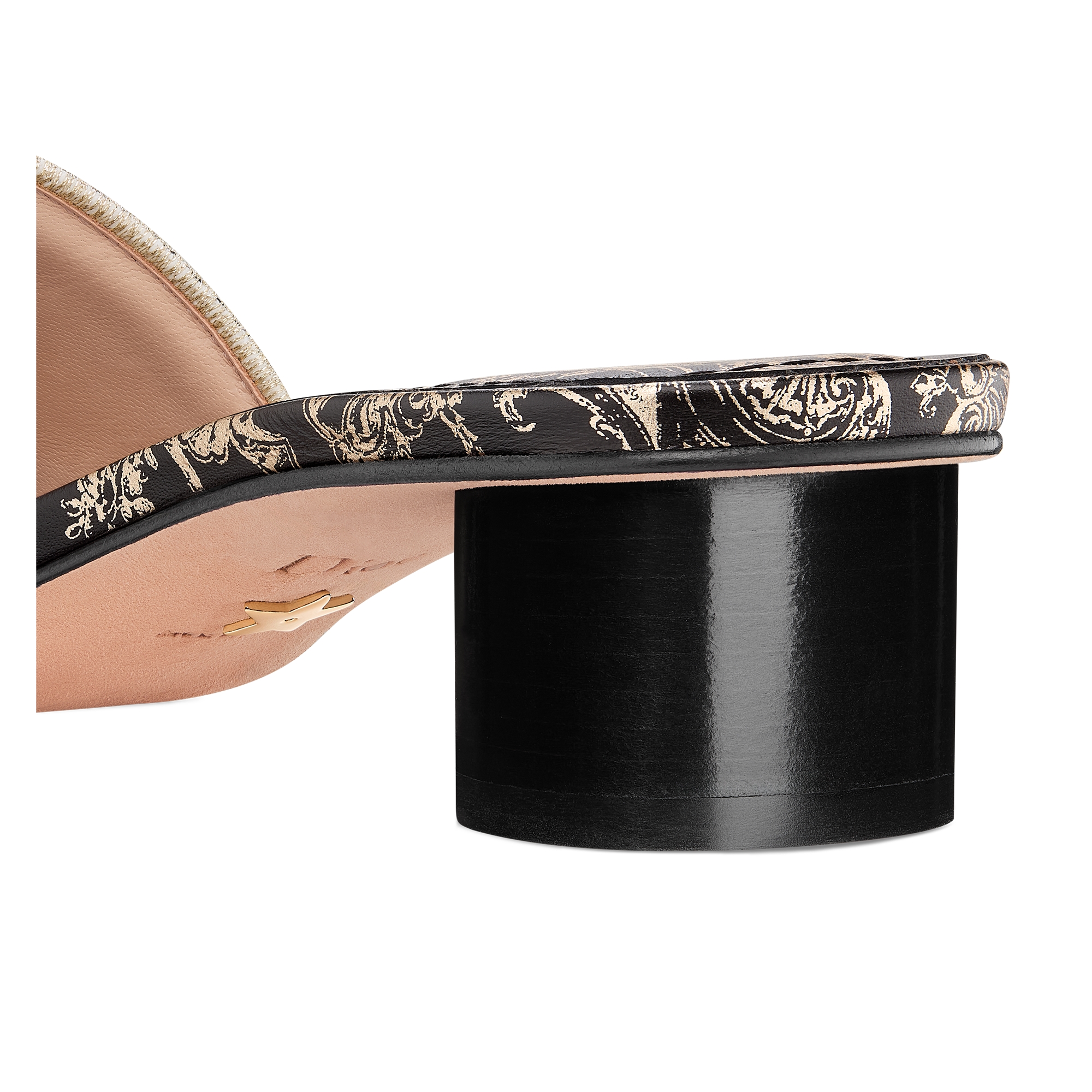 Dway Heeled Slide Cotton Embroidered with Metallic Thread and Black and Gold-Tone Floral Motif E09