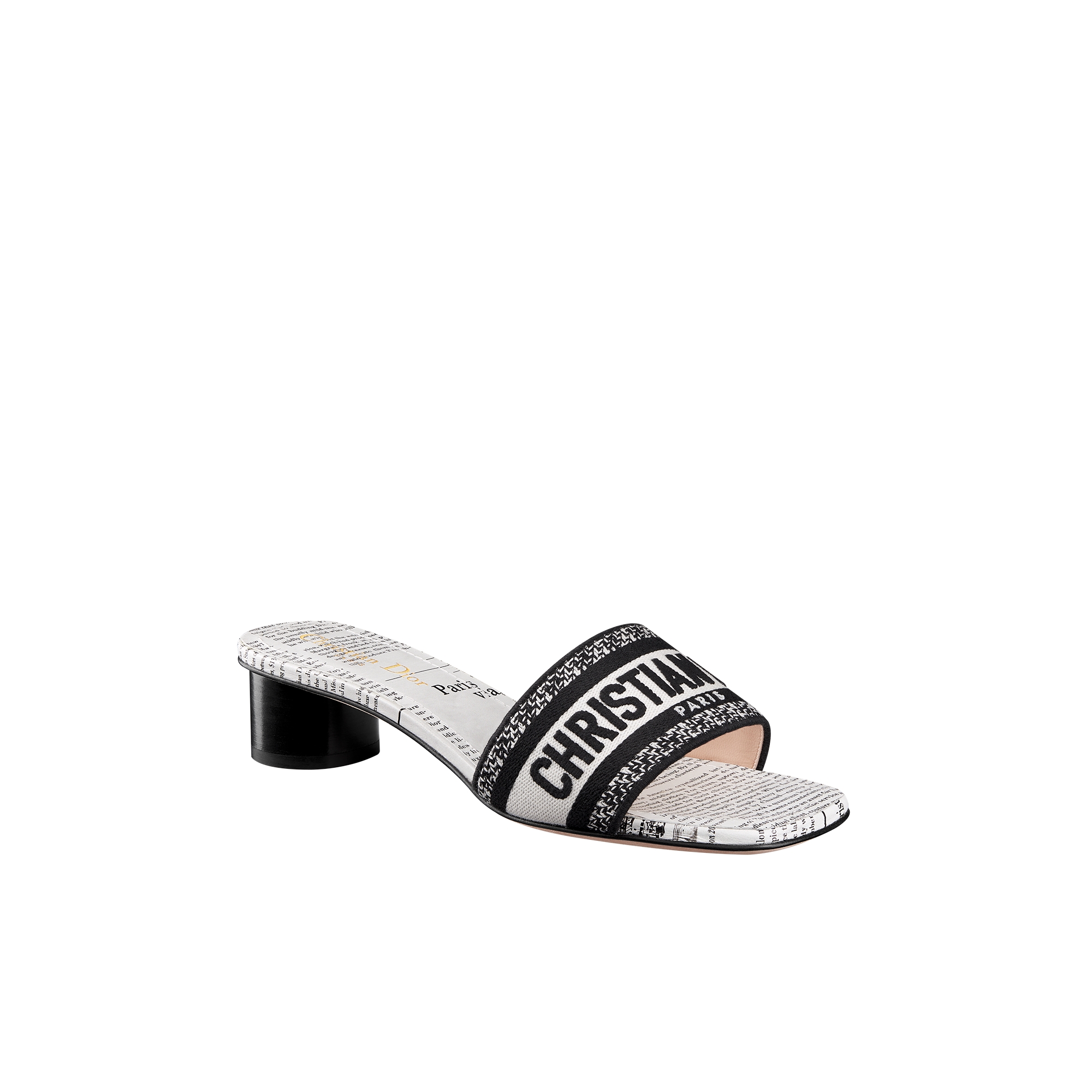 Dway Heeled Slide Embroidered Cotton and White and Black Newspaper Motif E03