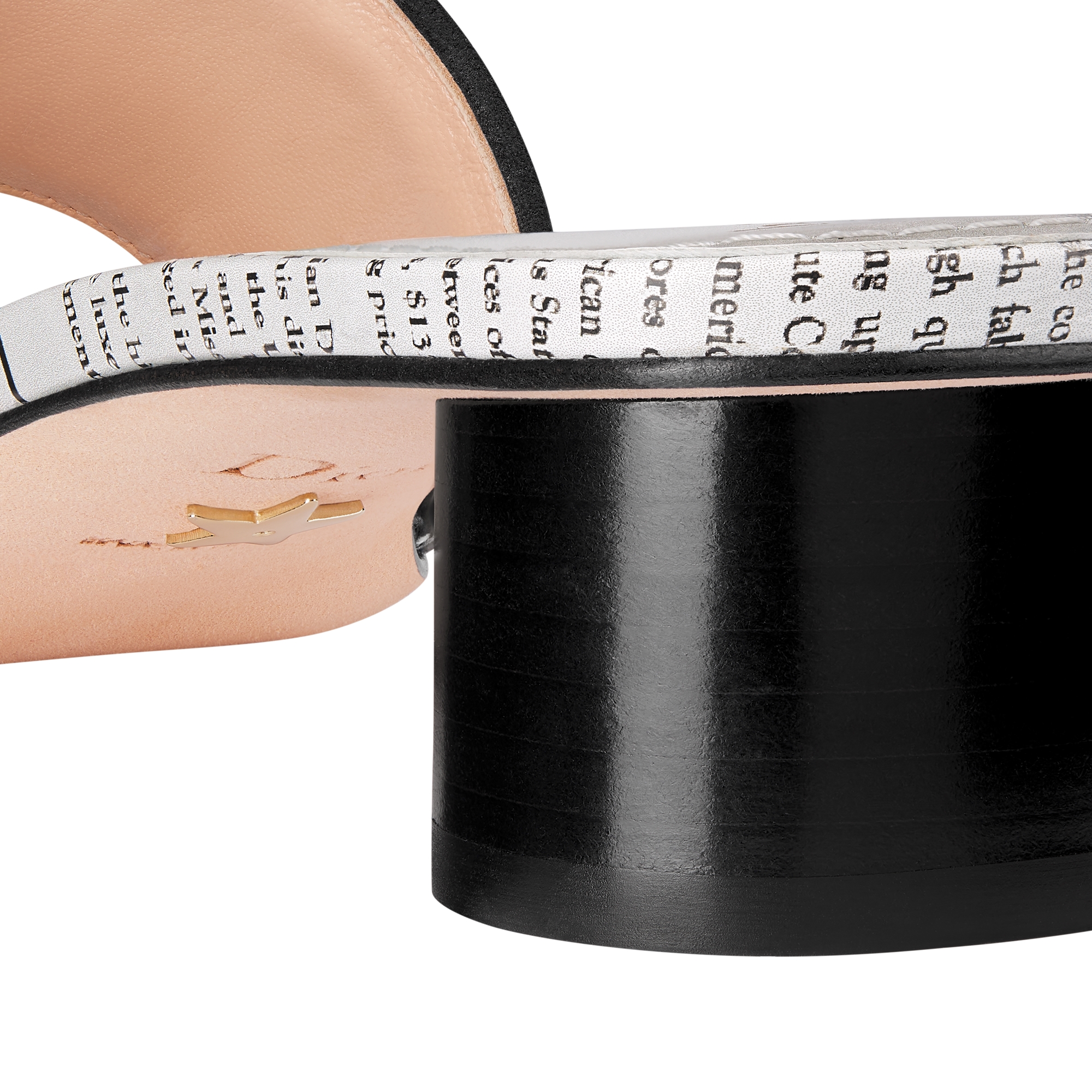 Dway Heeled Slide Embroidered Cotton and White and Black Newspaper Motif E09