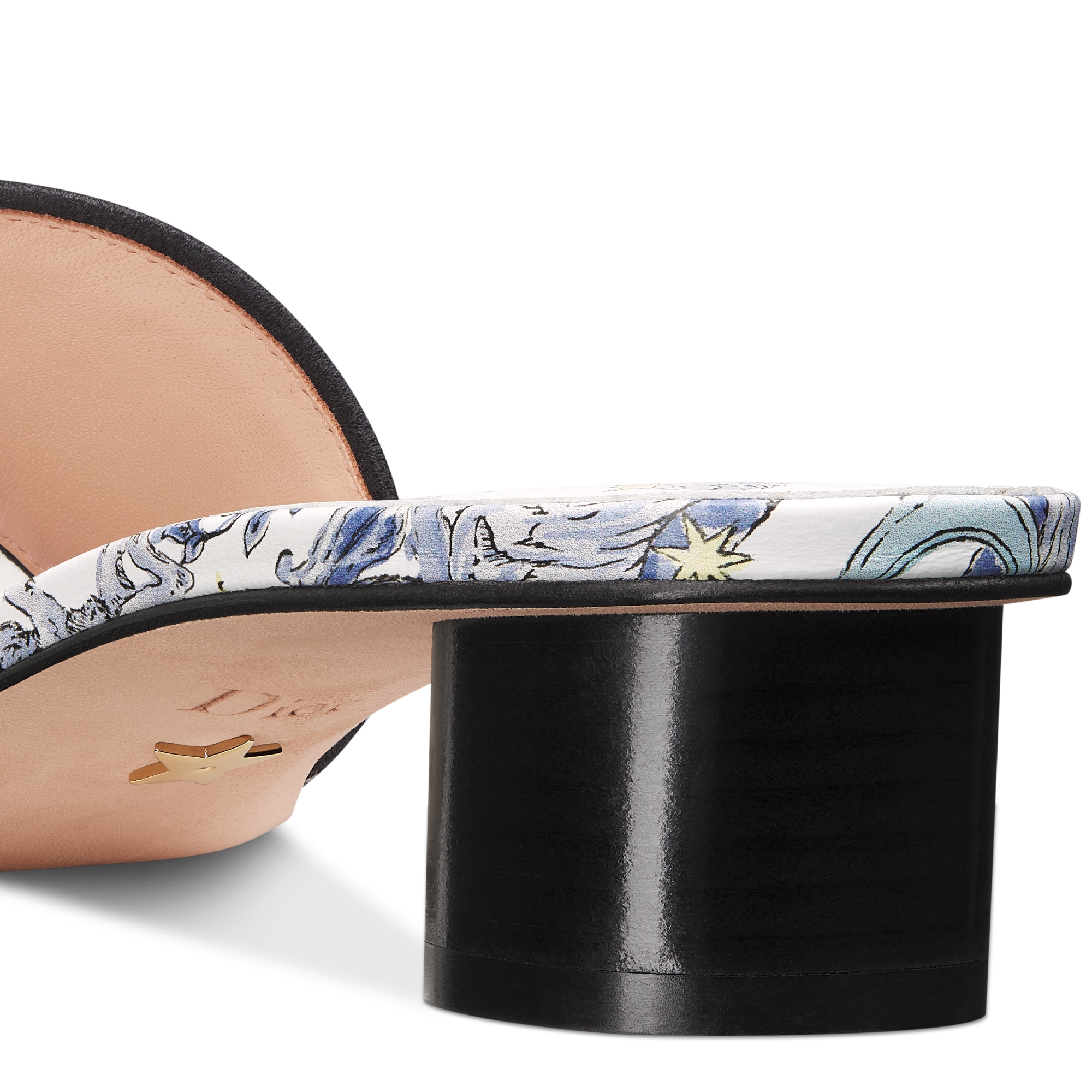 Dior Lucky Dway Heeled Slide Embroidered Cotton and Blue and White Dior Night of Dreams Motif E09