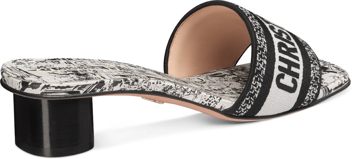 Dway Heeled Slide Cotton Embroidered with White and Black Paris Allover Motif DIOR