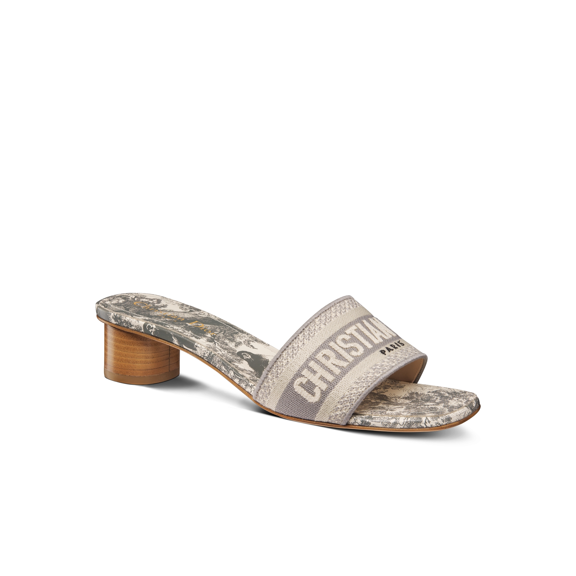 Dway Heeled Slide Gray Embroidered Cotton and Toile de Jouy Sauvage Motif E03