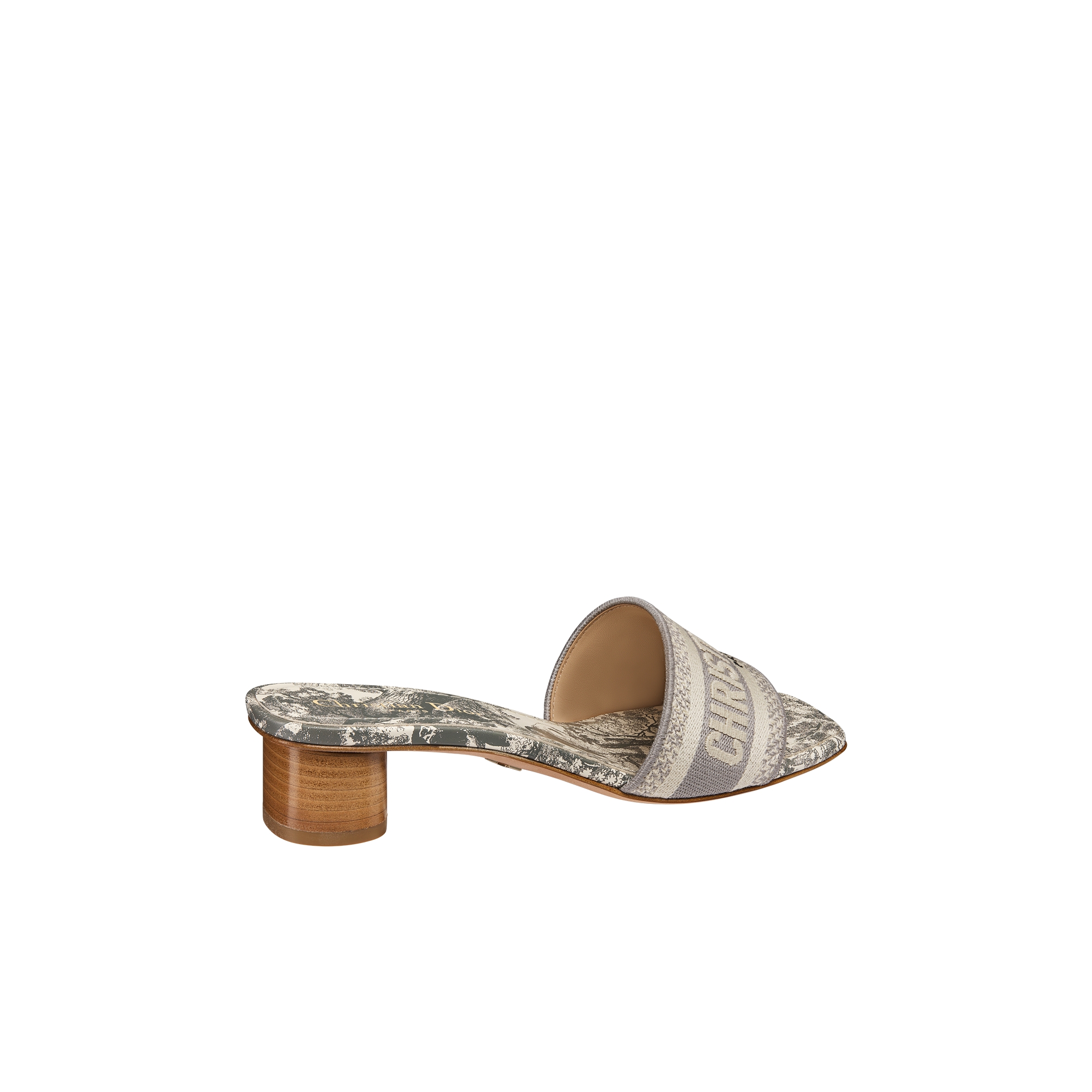 Dway Heeled Slide Gray Embroidered Cotton and Toile de Jouy Sauvage Motif E05