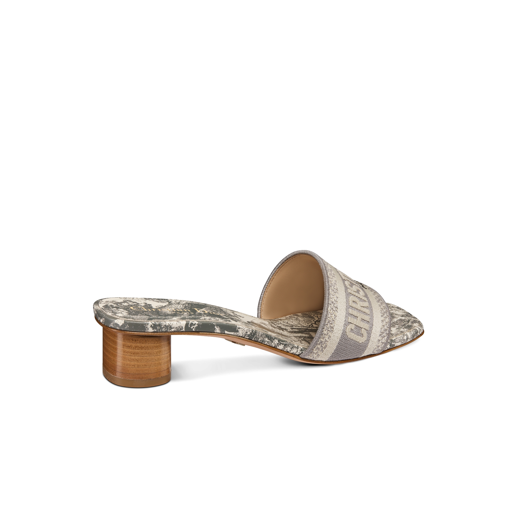 Dway Heeled Slide Gray Embroidered Cotton and Toile de Jouy Sauvage Motif E05