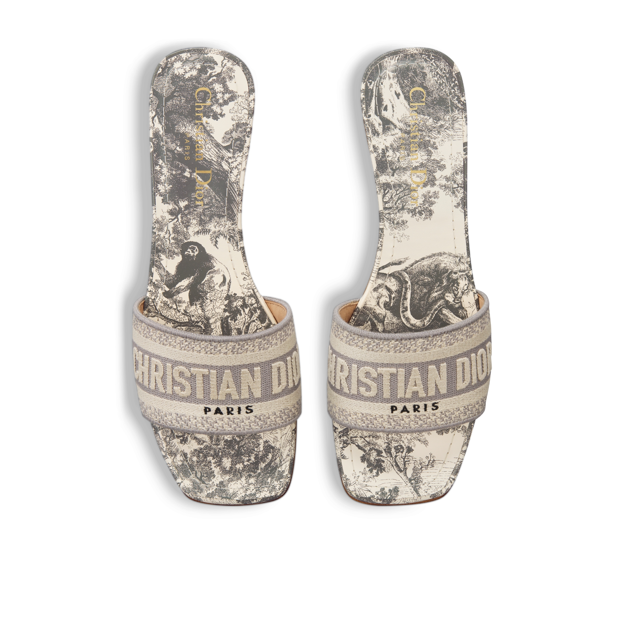 Dway Heeled Slide Gray Embroidered Cotton and Toile de Jouy Sauvage Motif E06