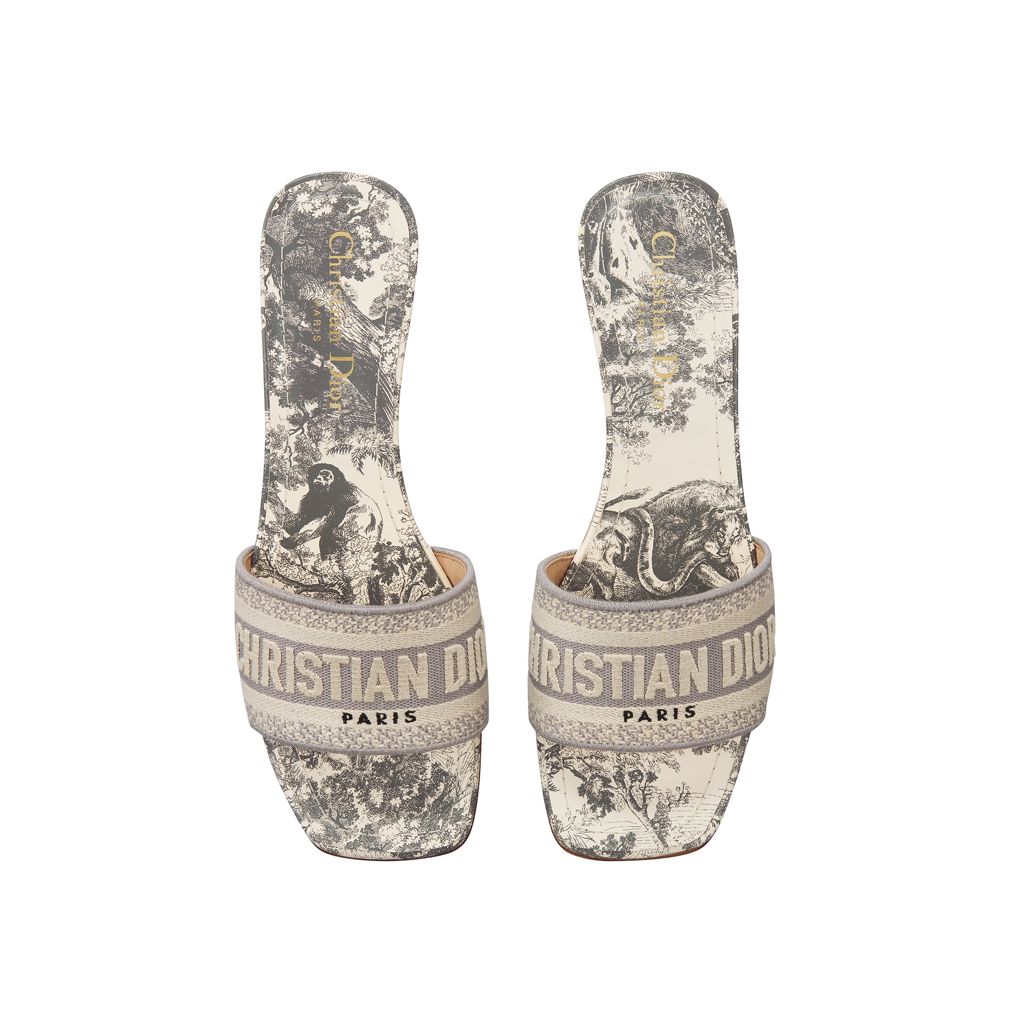 Dway Heeled Slide Gray Embroidered Cotton and Toile de Jouy Sauvage Motif E06