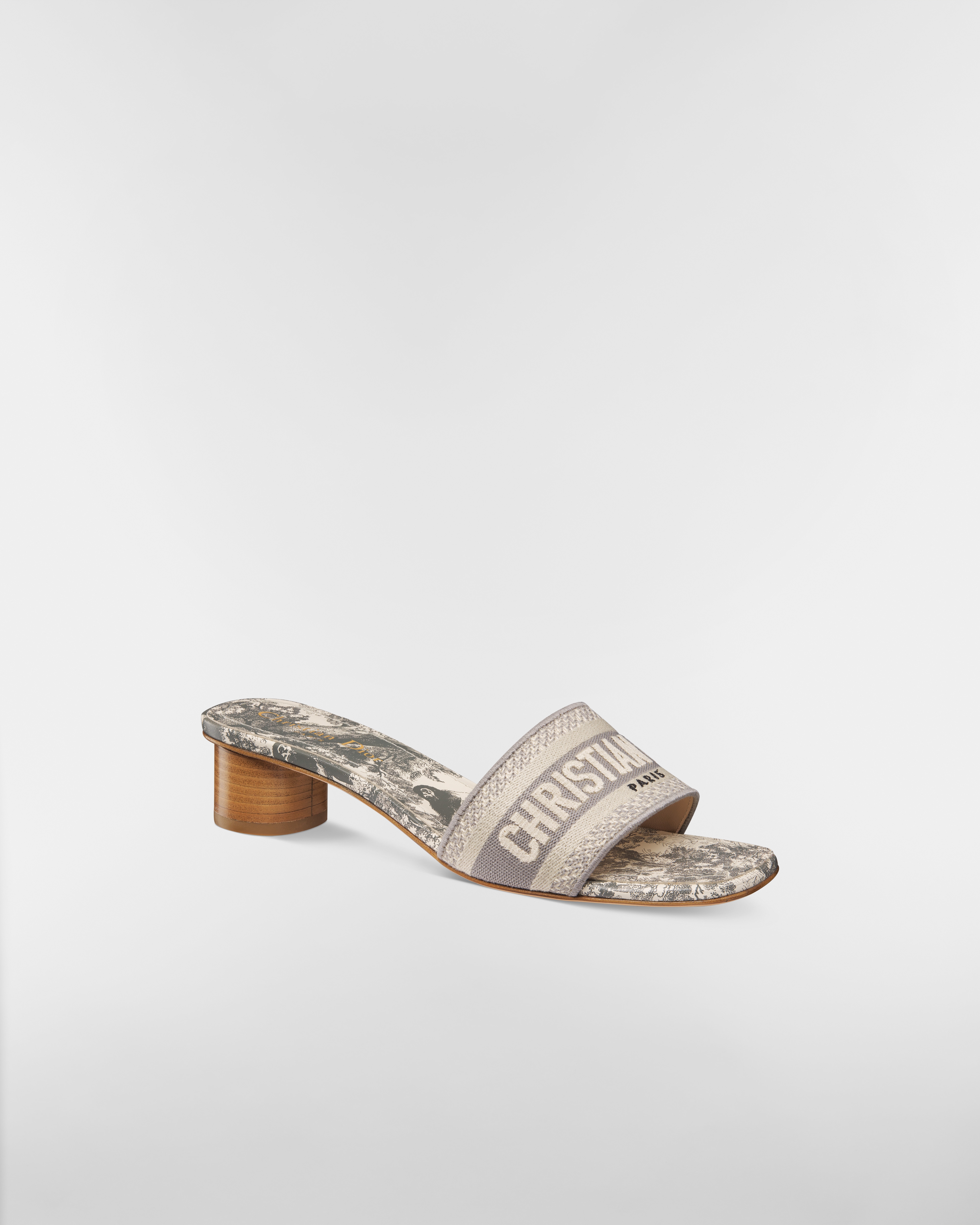 Dway-muiltje met hak Grijs geborduurd katoen en Toile de Jouy Sauvage-motief E03