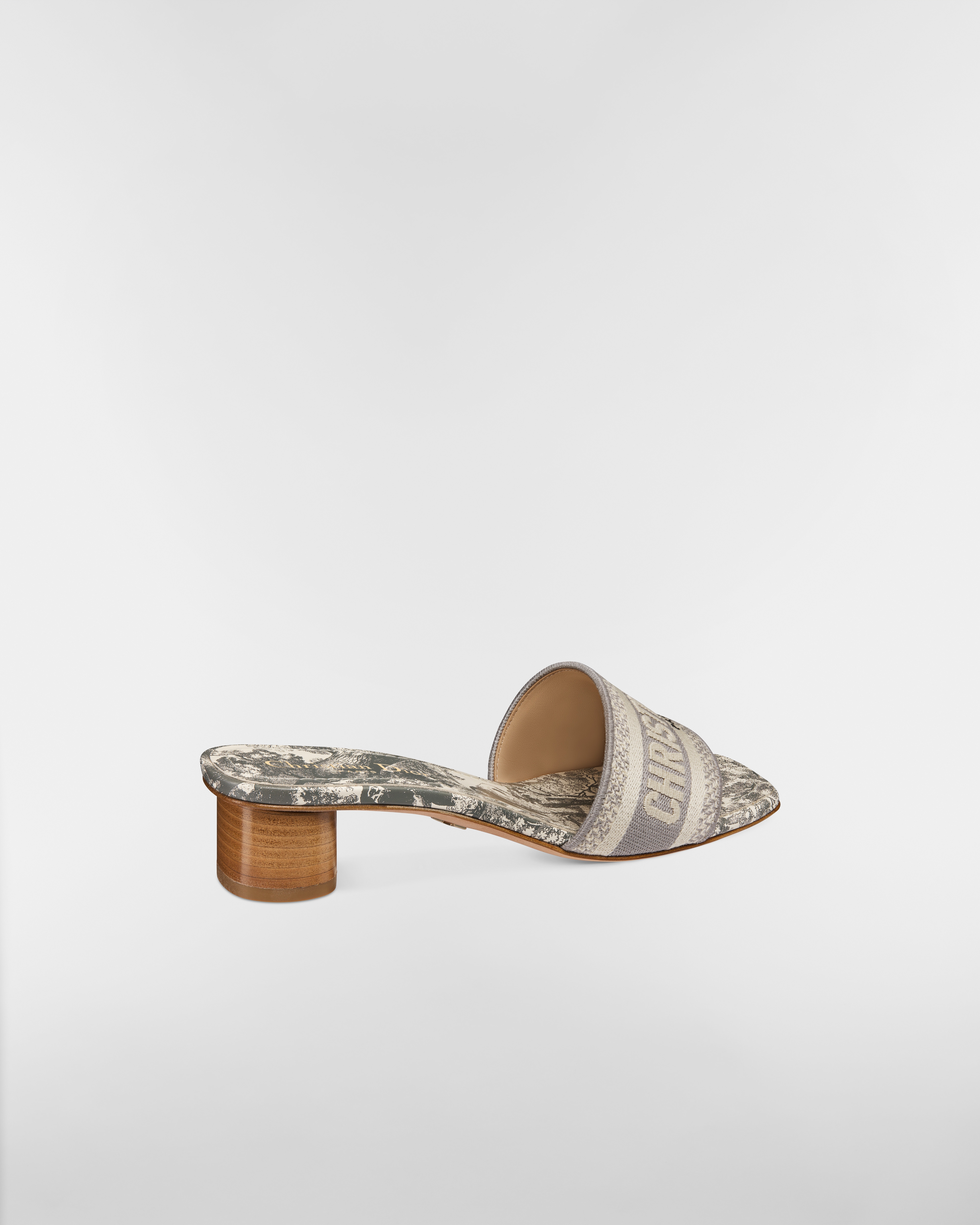 Dway-muiltje met hak Grijs geborduurd katoen en Toile de Jouy Sauvage-motief E05