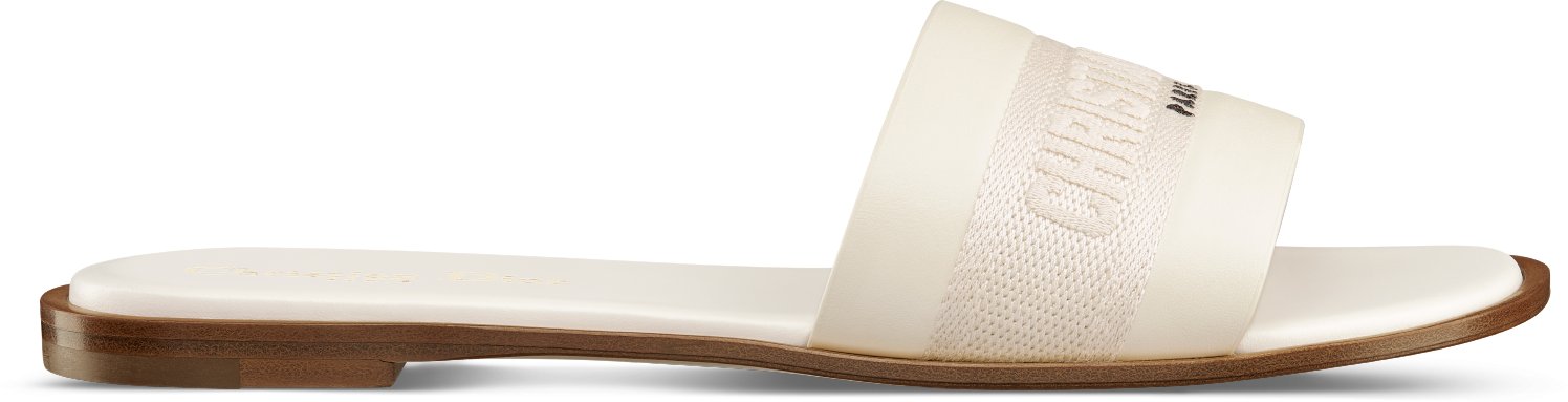 Dway Slide Profile view White Calfskin and Embroidered Cotton