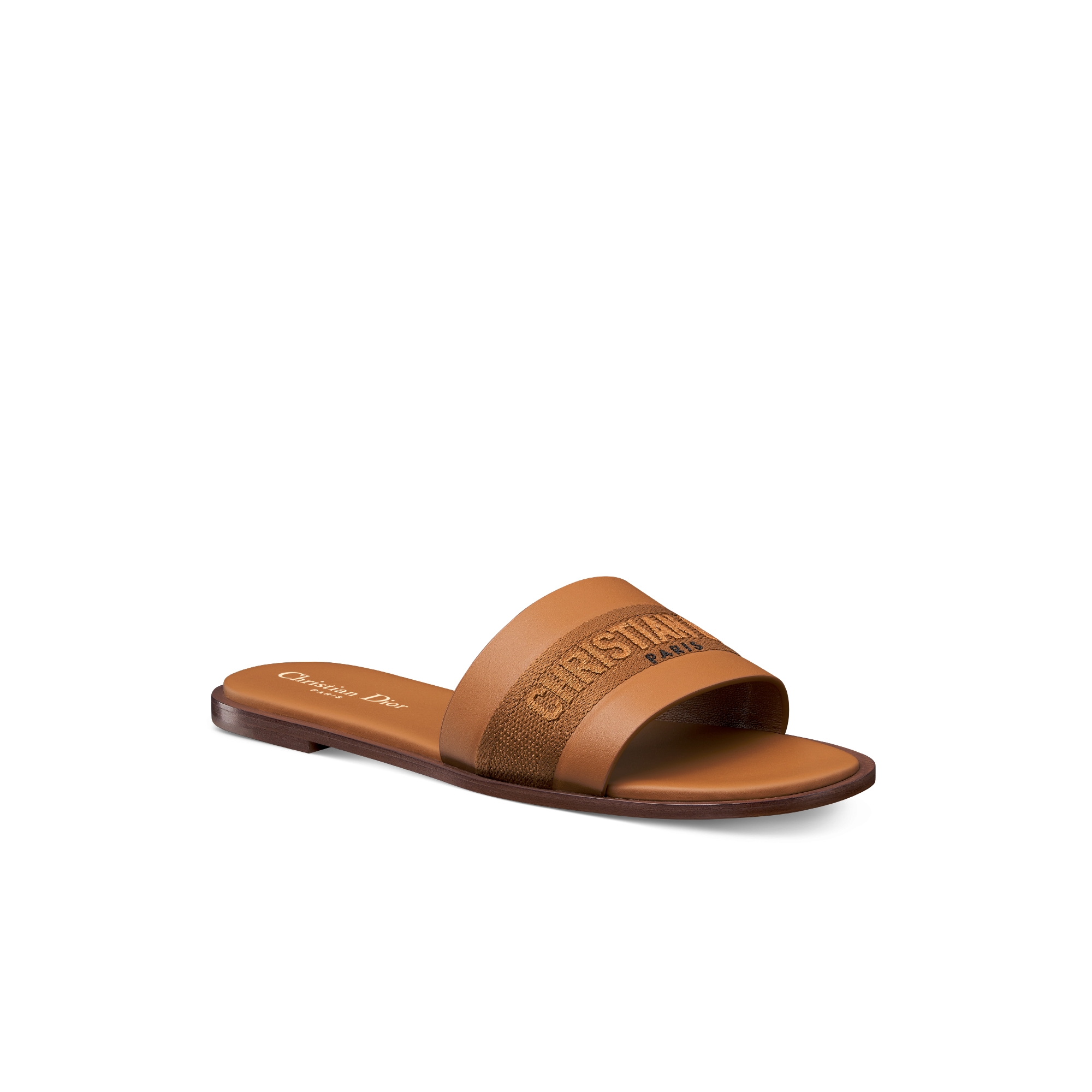 Dway Slide Camel Calfskin and Embroidered Cotton E03