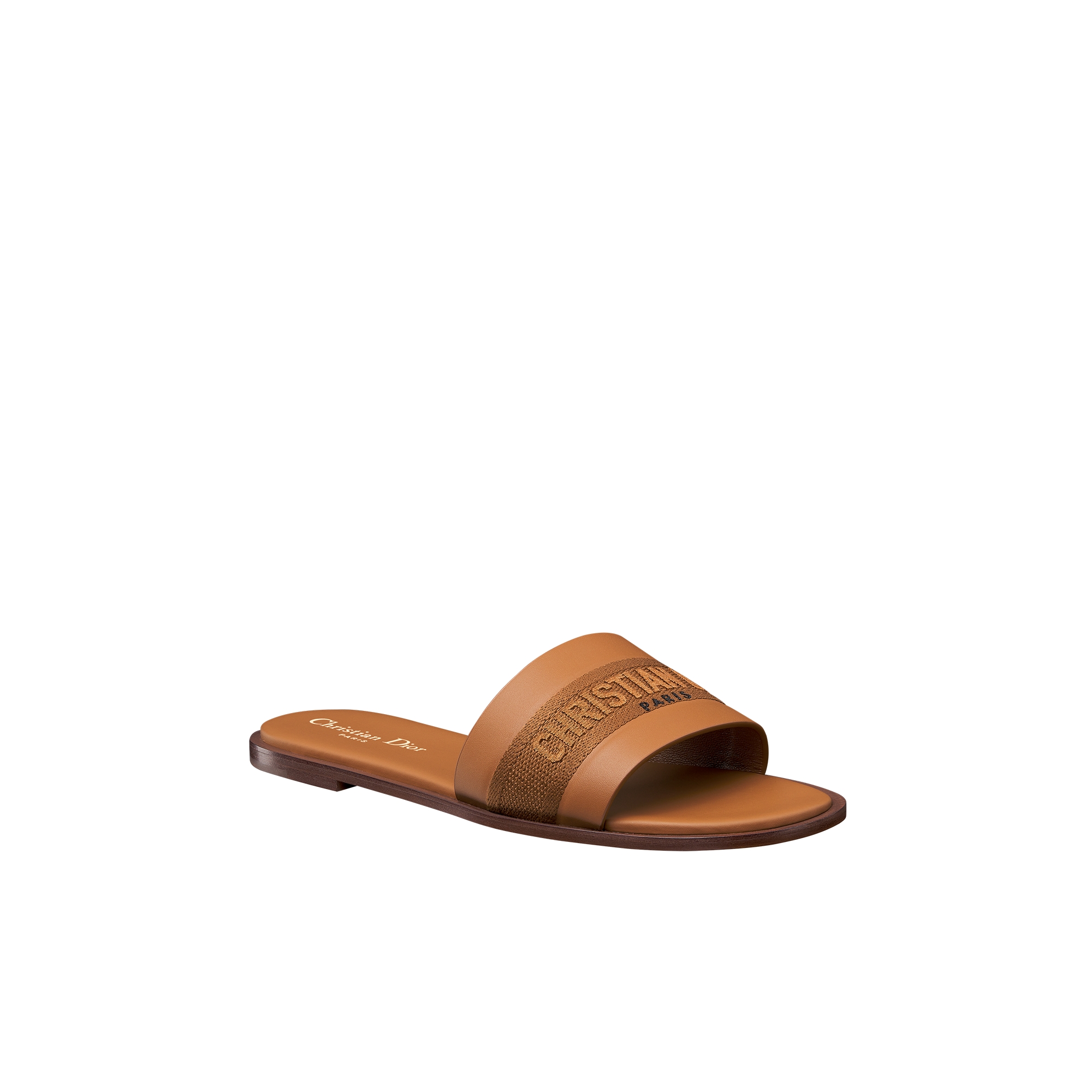 Dway Slide Camel Calfskin and Embroidered Cotton E03