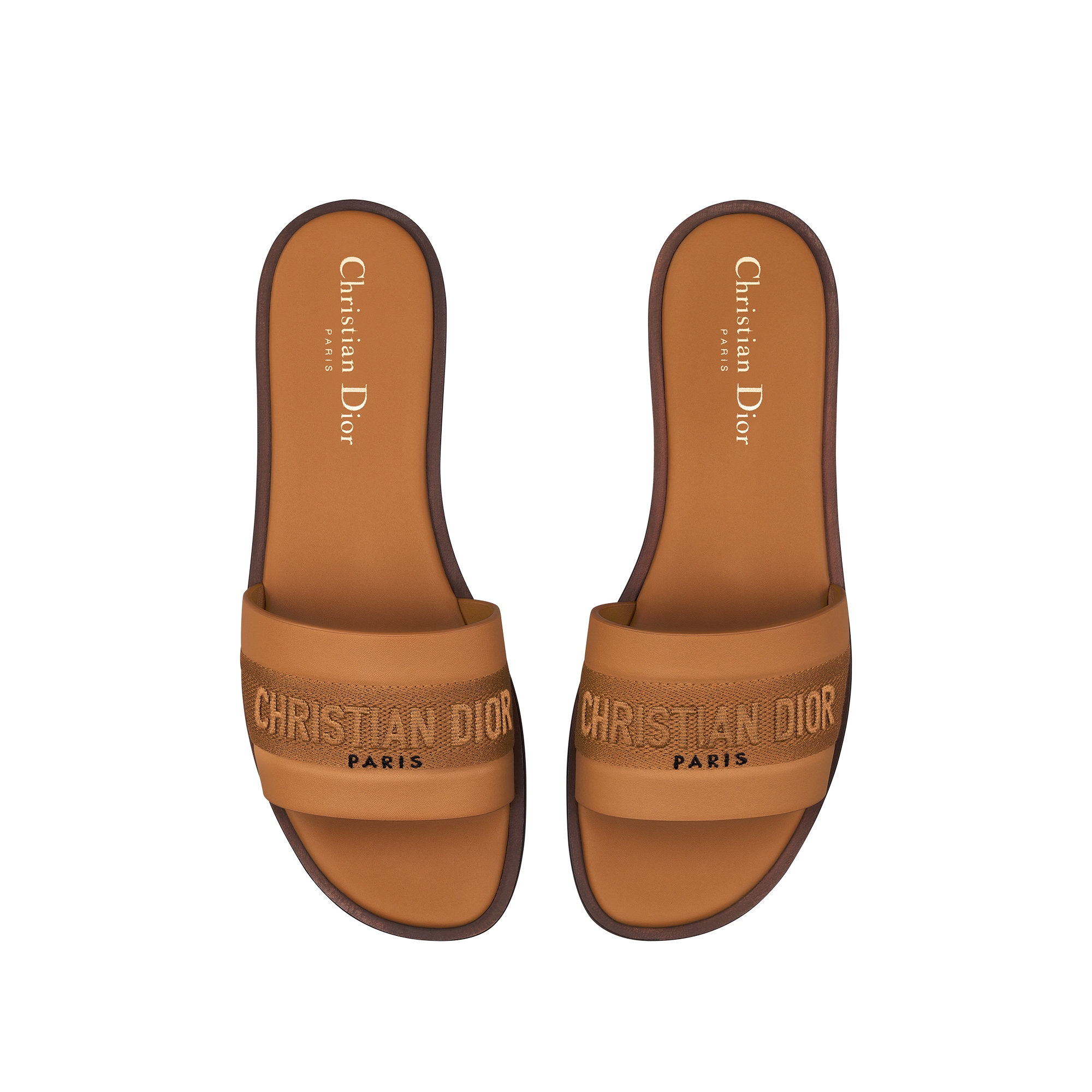 Dway Slide Camel Calfskin and Embroidered Cotton E06