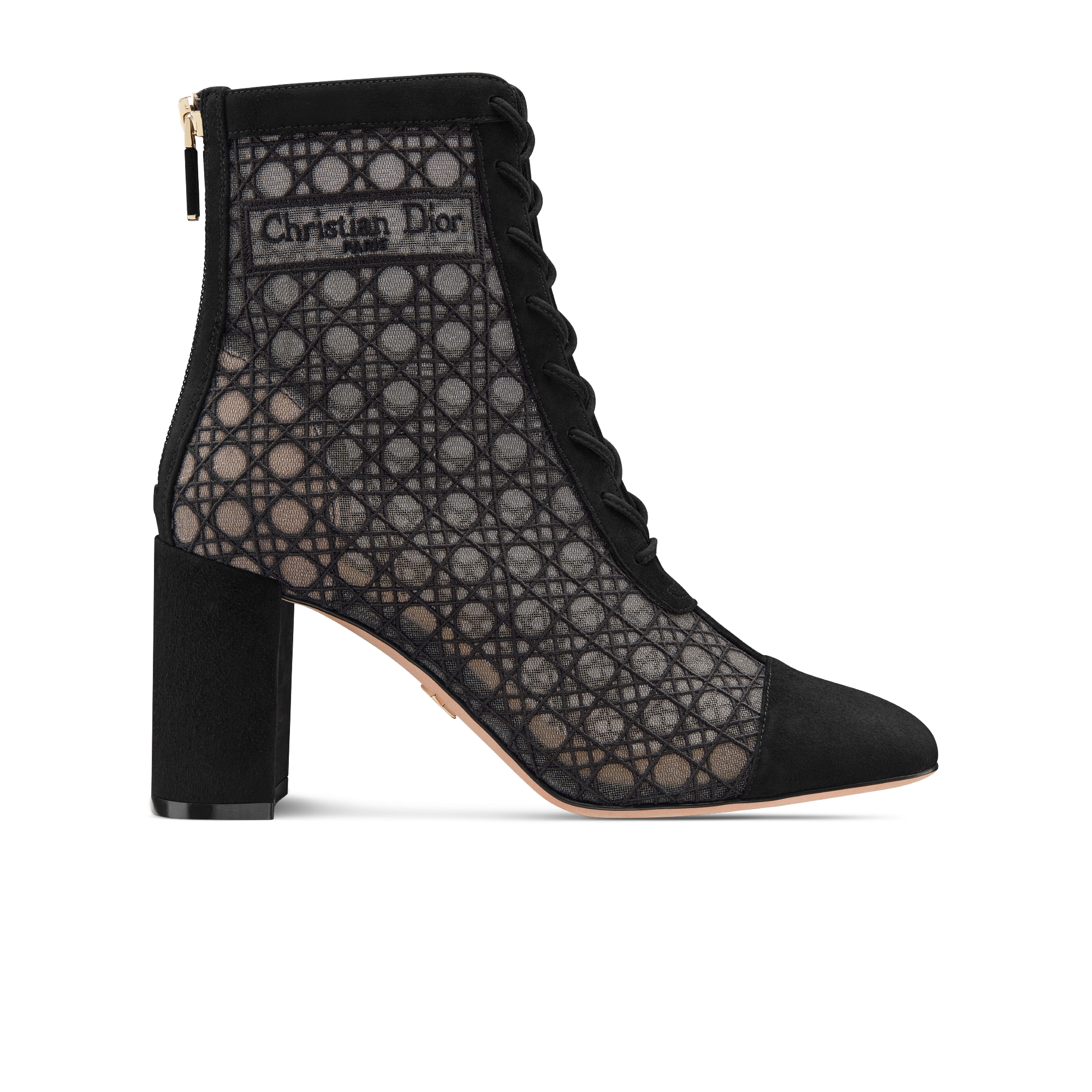 Naughtily-D Heeled Ankle Boot Transparent Mesh Embroidered with Black Cannage Motif and Suede Goatskin E02