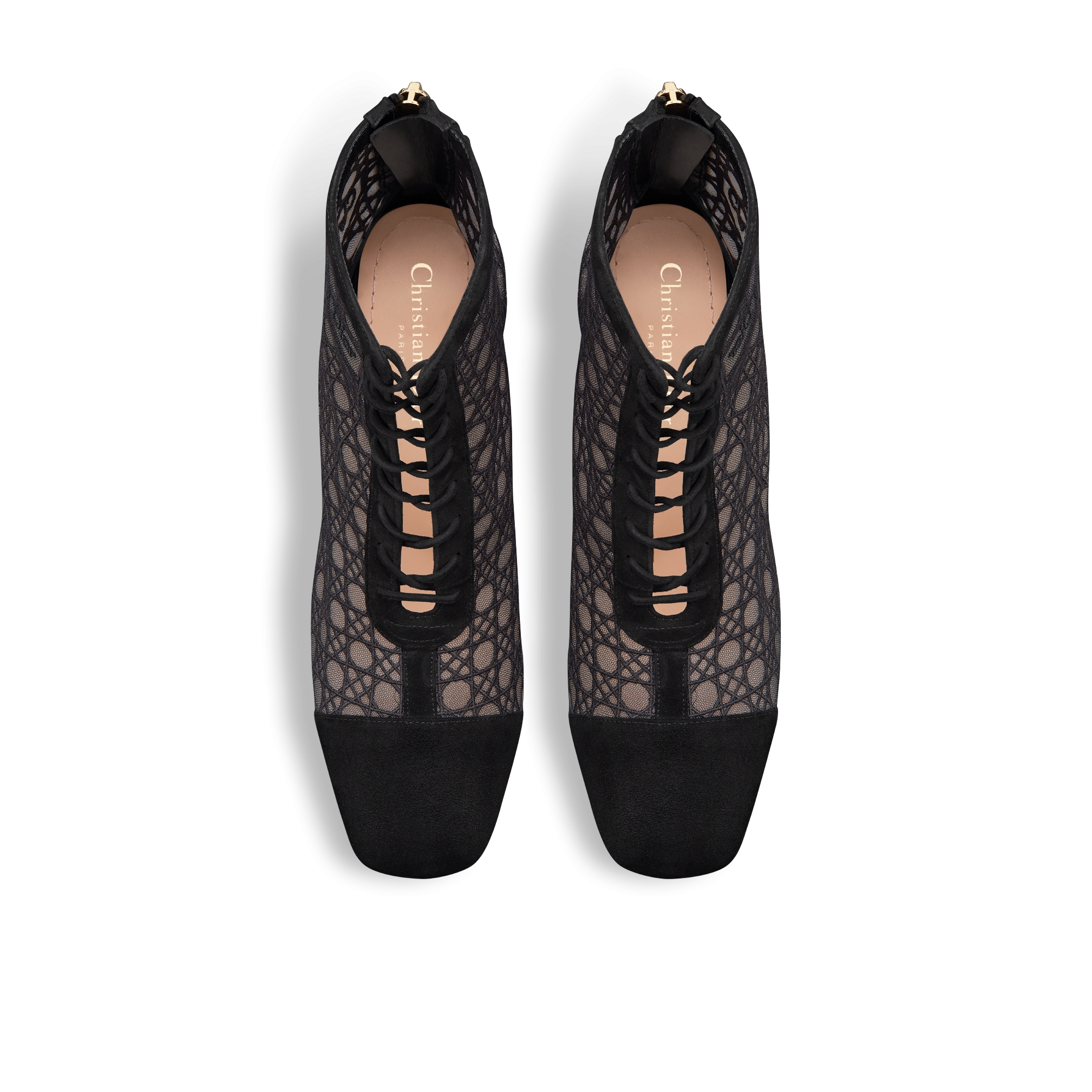 Naughtily-D Ankle Boot mit Absatz Transparentes Mesh mit Cannage Stickerei und Ziegenveloursleder in Schwarz E06