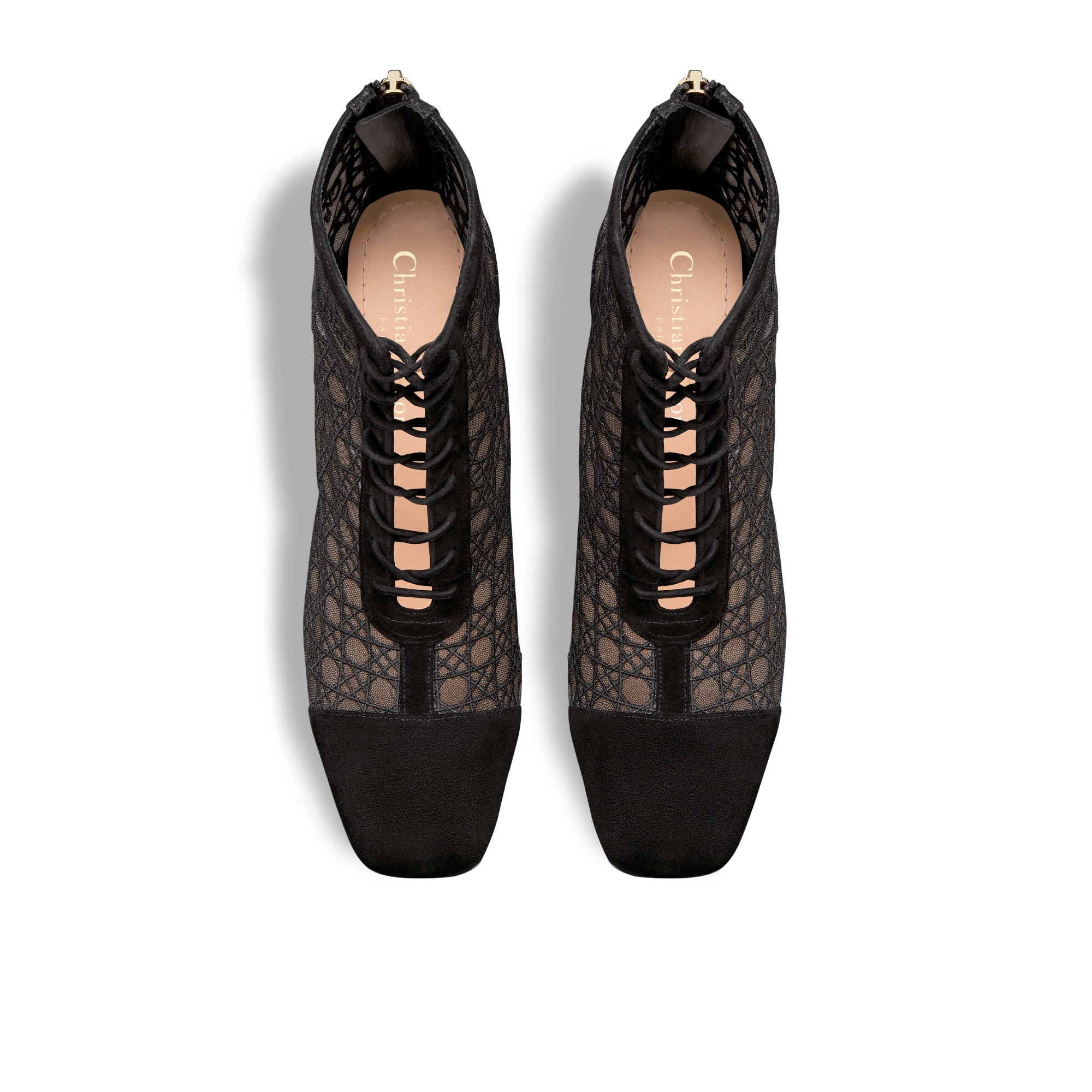 Naughtily-D Heeled Ankle Boot Transparent Mesh Embroidered with Black Cannage Motif and Suede Goatskin E06