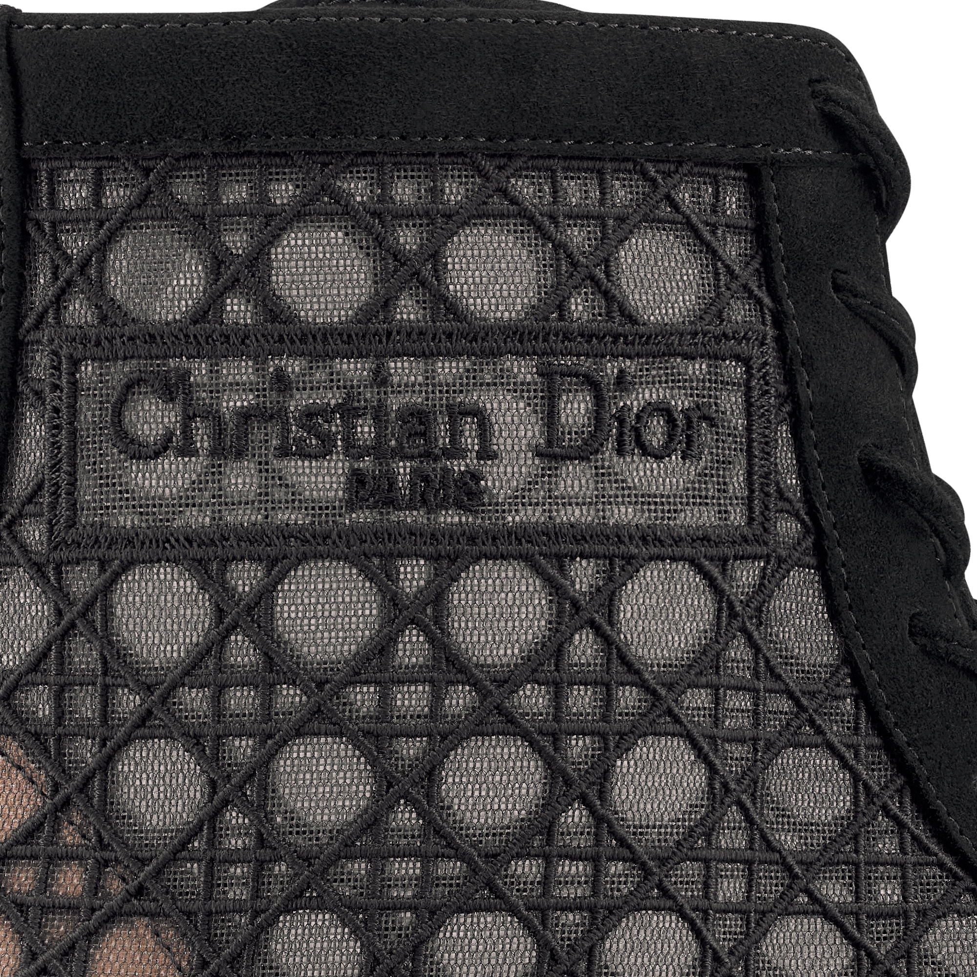 Naughtily-D Heeled Ankle Boot Transparent Mesh Embroidered with Black Cannage Motif and Suede Goatskin E09