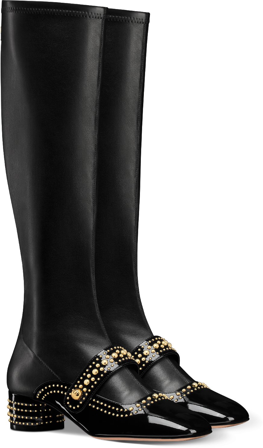 Belle D Heeled Boot White Patent Calfskin and Gold Finish Studs DIOR