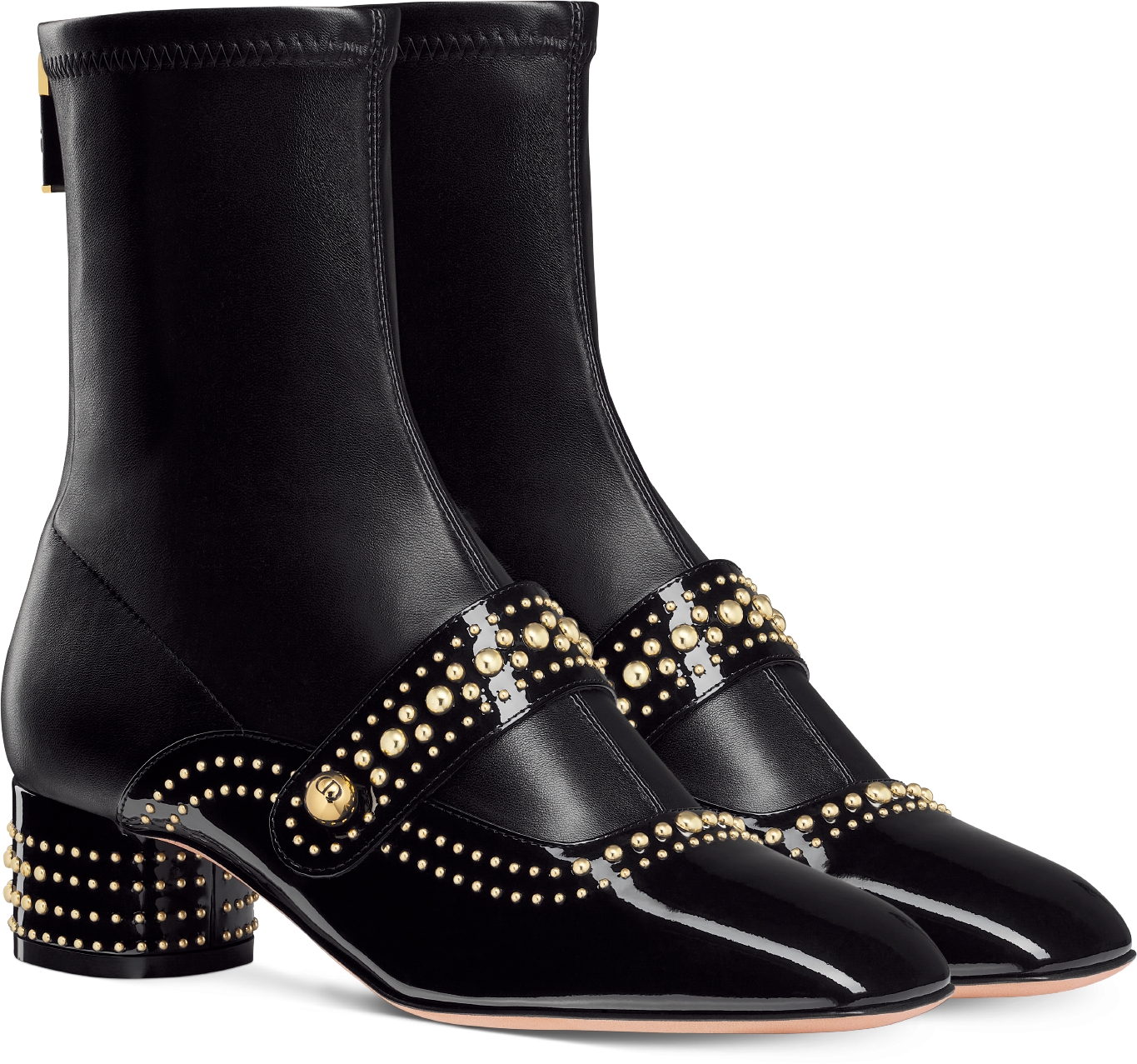 Belle D Heeled Ankle Boot Black Patent Calfskin and Gold Finish Studs DIOR