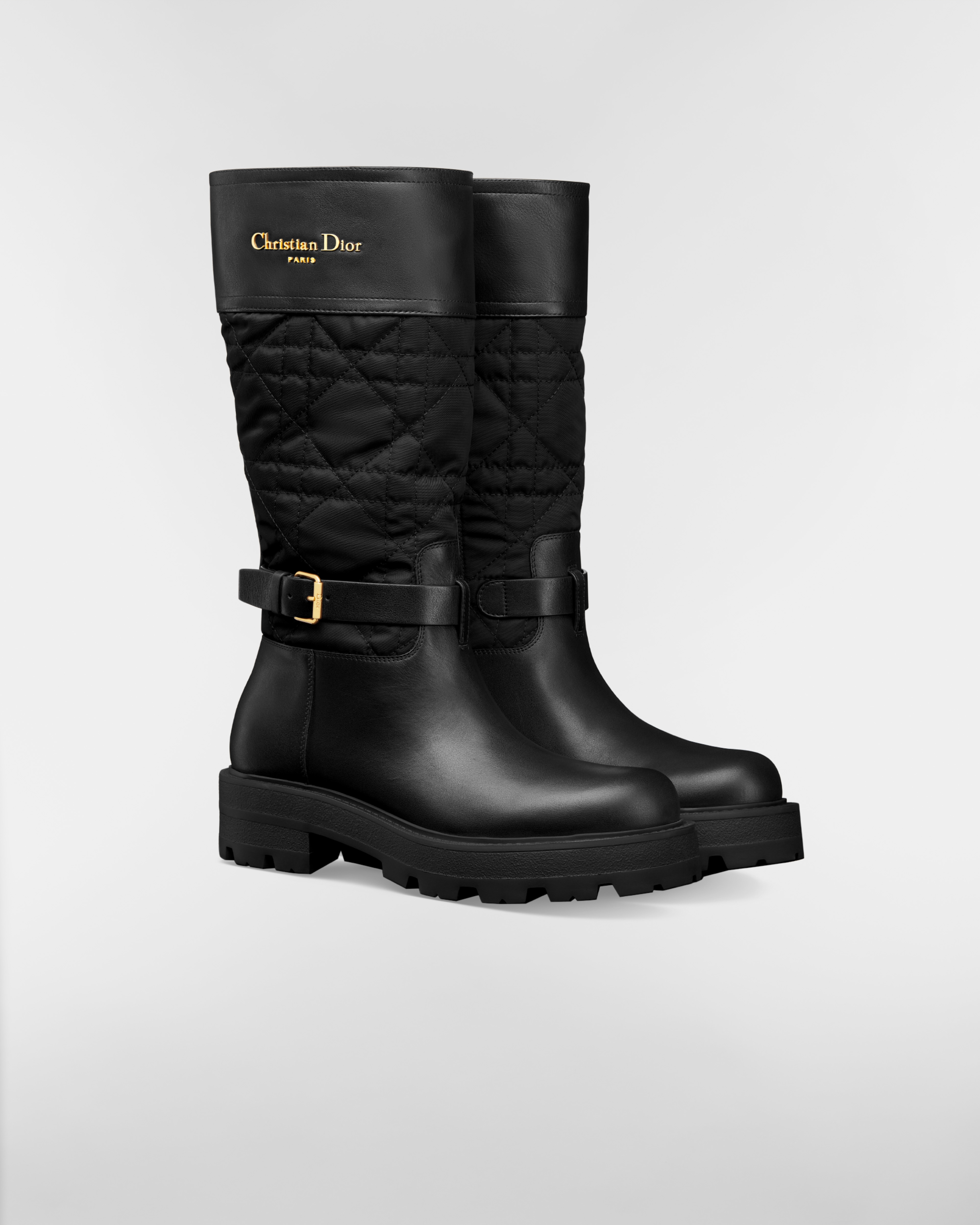 D-Town Stiefel Schwarzes Kalbsleder und Nylon Stickerei mit Cannage Motiv E03