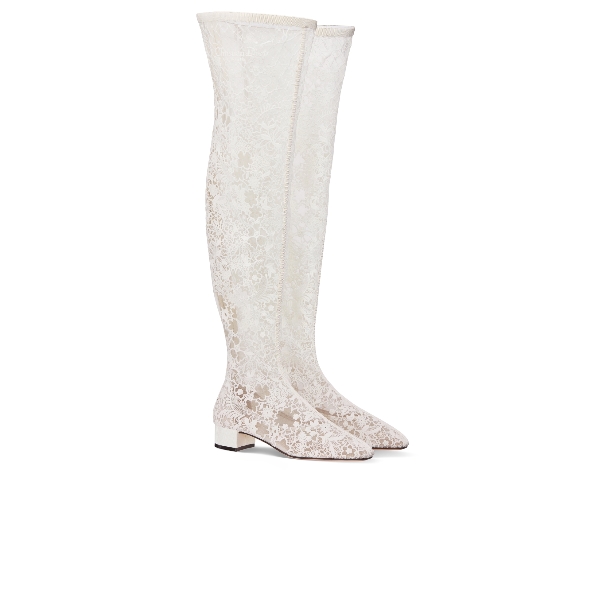 Naughtily-D Heeled Thigh Boot Transparent Mesh Embroidered with White Millefiori Motif E03