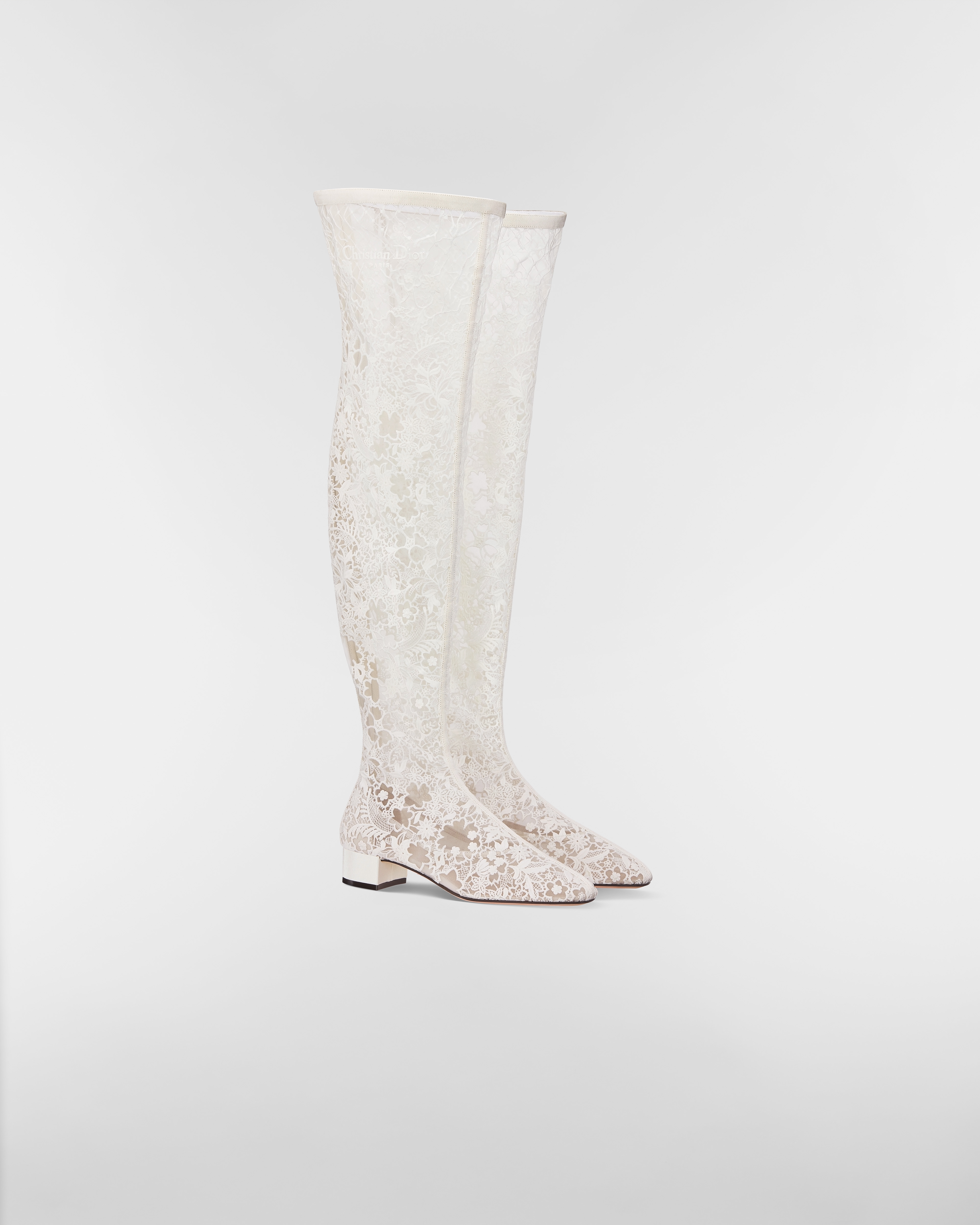 Naughtily-D Heeled Thigh Boot Transparent Mesh Embroidered with White Millefiori Motif E03