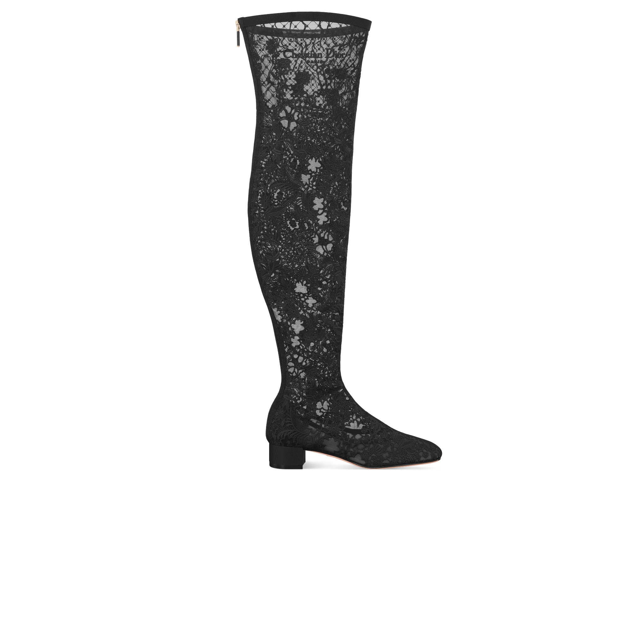 Naughtily-D Heeled Thigh Boot Transparent Mesh Embroidered with Black Millefiori Motif E02