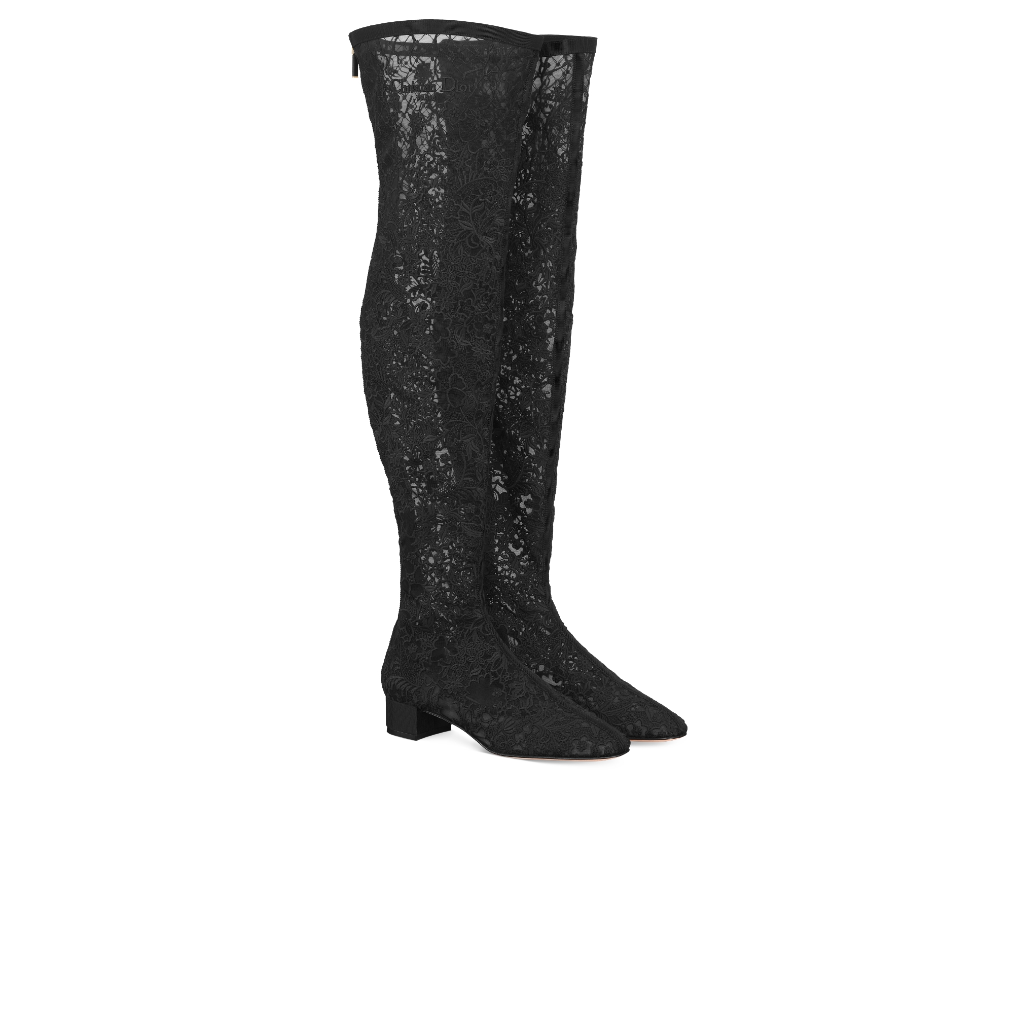 Naughtily-D Heeled Thigh Boot Transparent Mesh Embroidered with Black Millefiori Motif E03