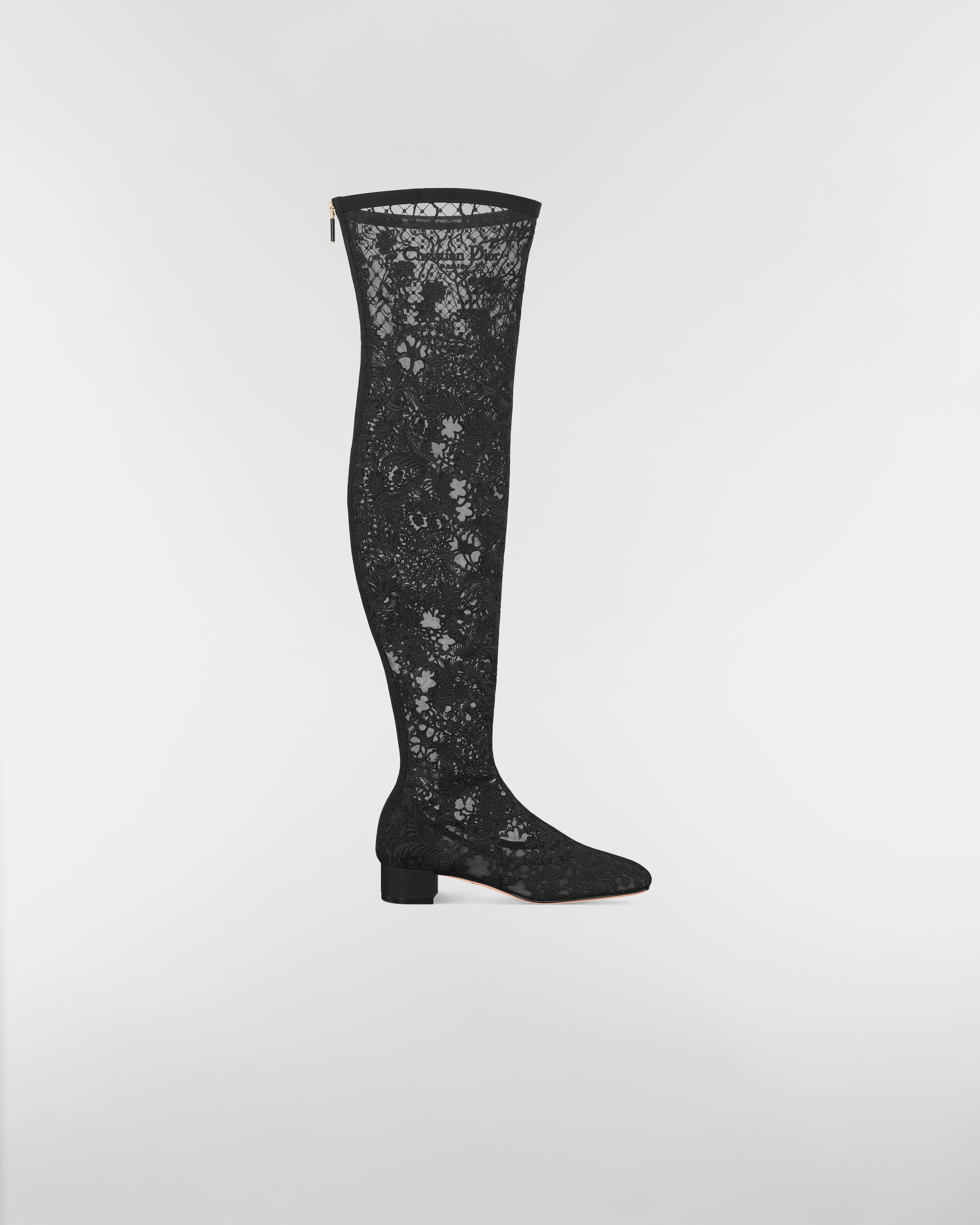 Naughtily-D overkneelaars met hak Transparante mesh geborduurd met zwart Millefiori-motief E02