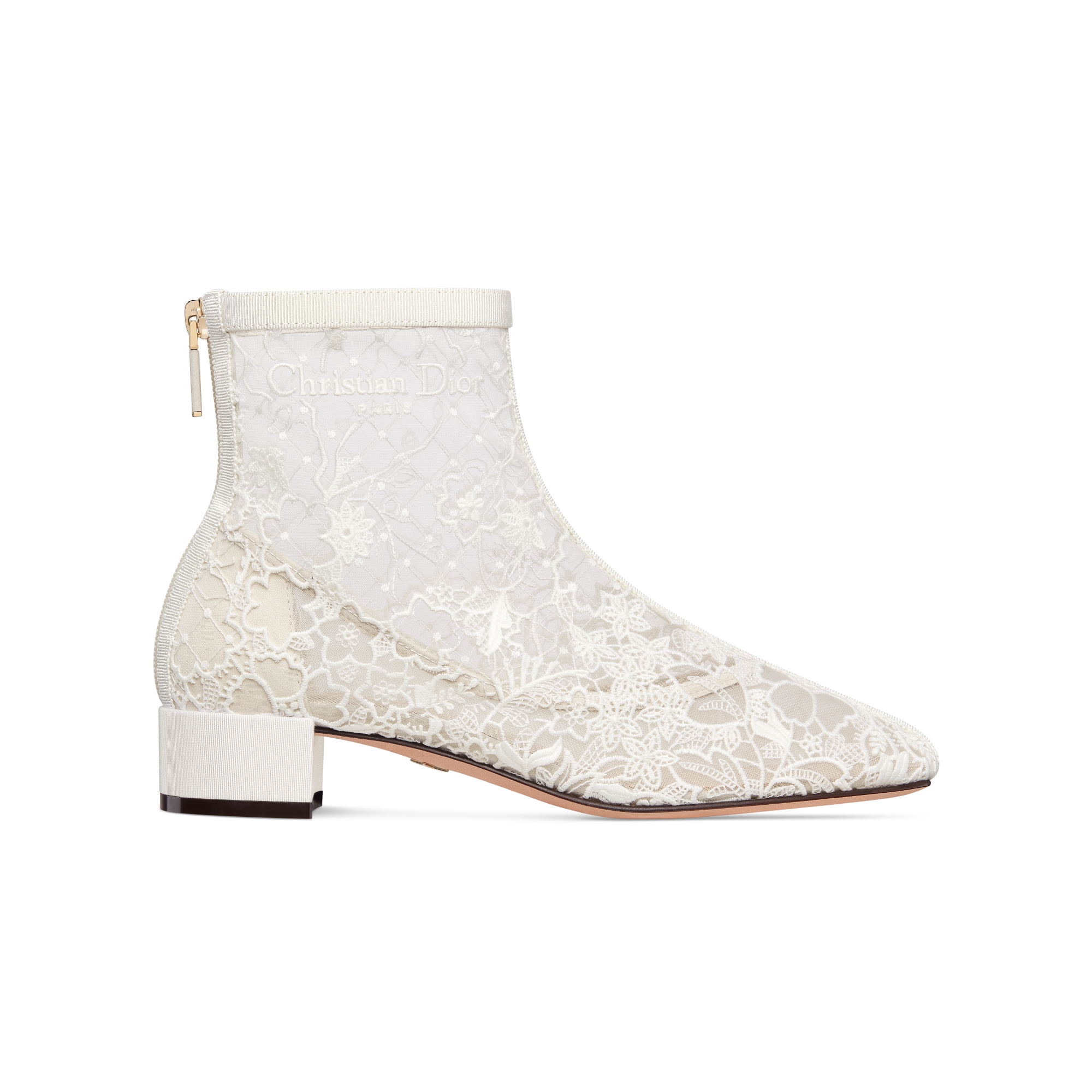 Naughtily-D Heeled Ankle Boot Transparent Mesh Embroidered with White Millefiori Motif E02