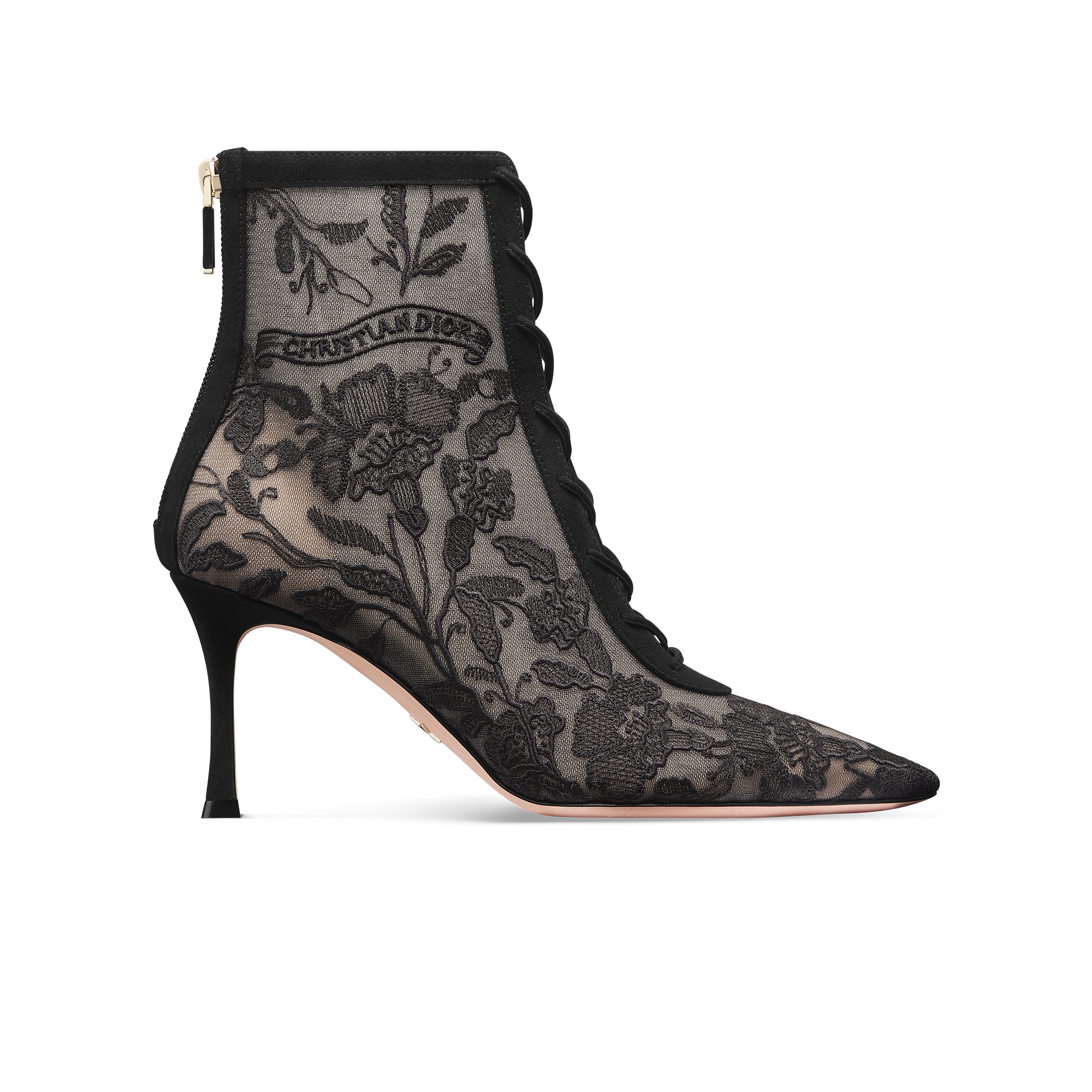 Naughtily-D Heeled Ankle Boot Transparent Mesh Embroidered with Black Millefiori Motif E02