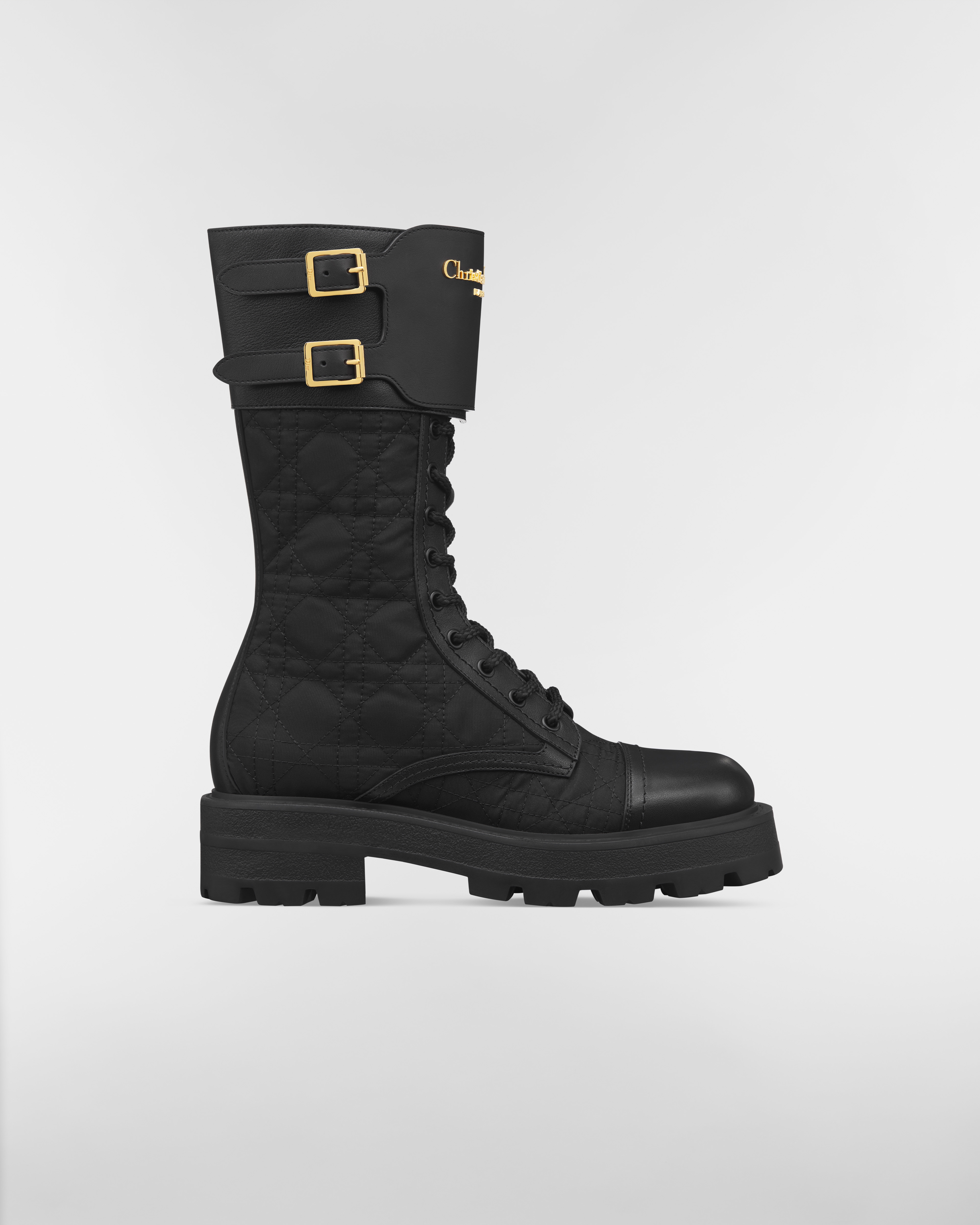 D-Trap-enkellaars Zwart kalfsleer en nylon met geborduurd Cannage-motief E02