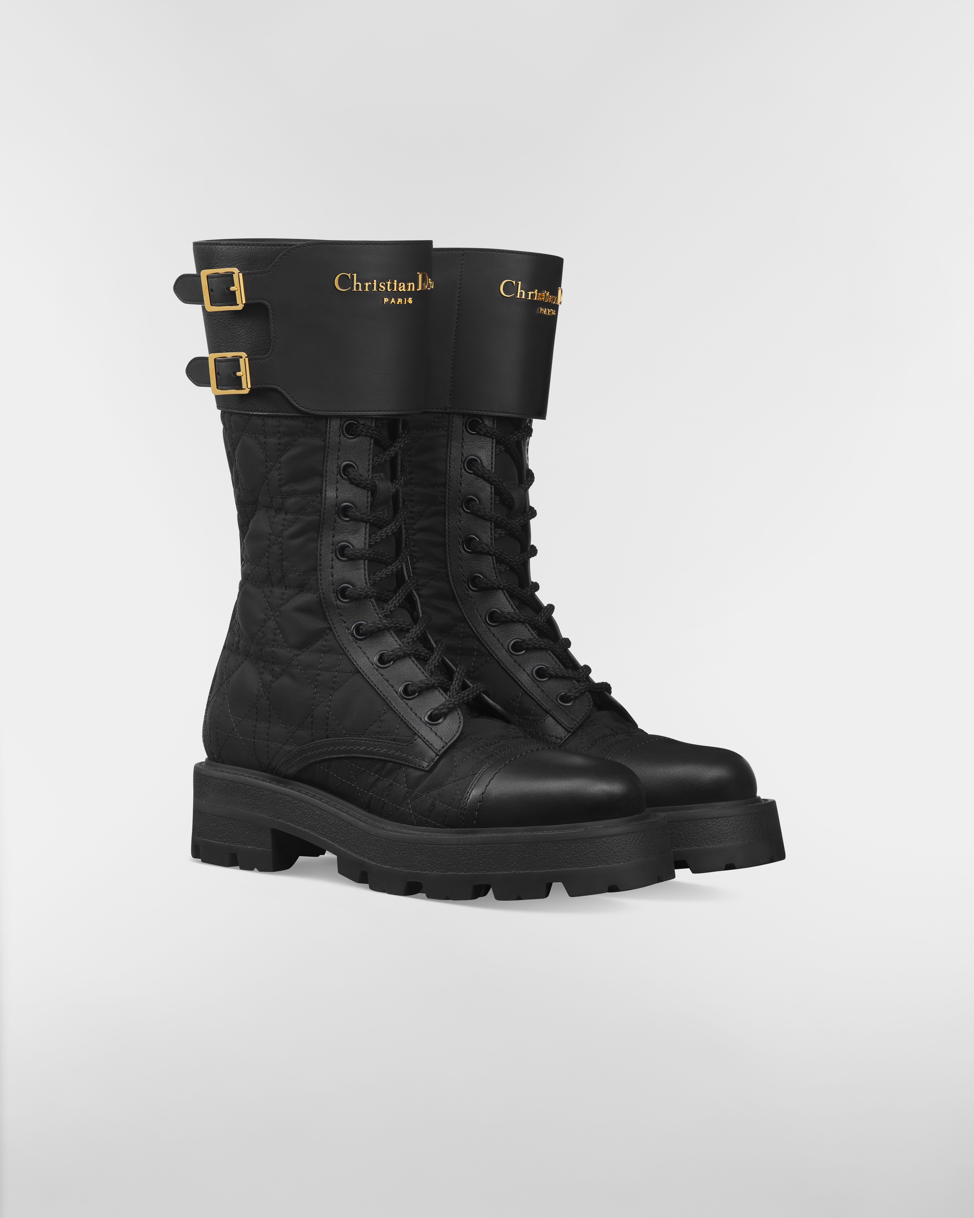 D-Trap-enkellaars Zwart kalfsleer en nylon met geborduurd Cannage-motief E03