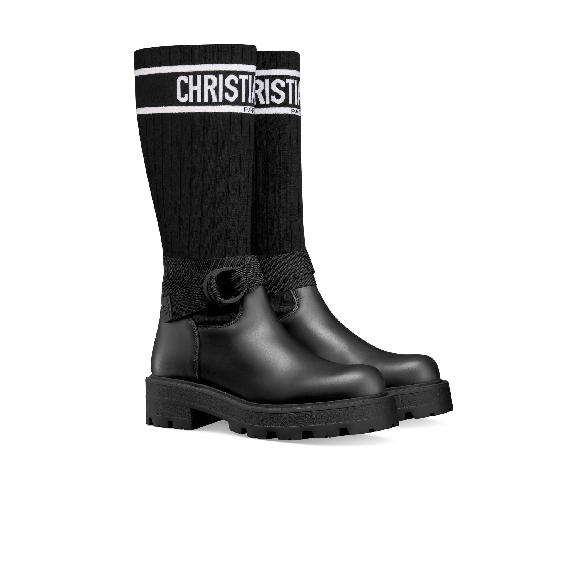 Bota D-Major Couro de vitelo preto com malha técnica preta e branca E03