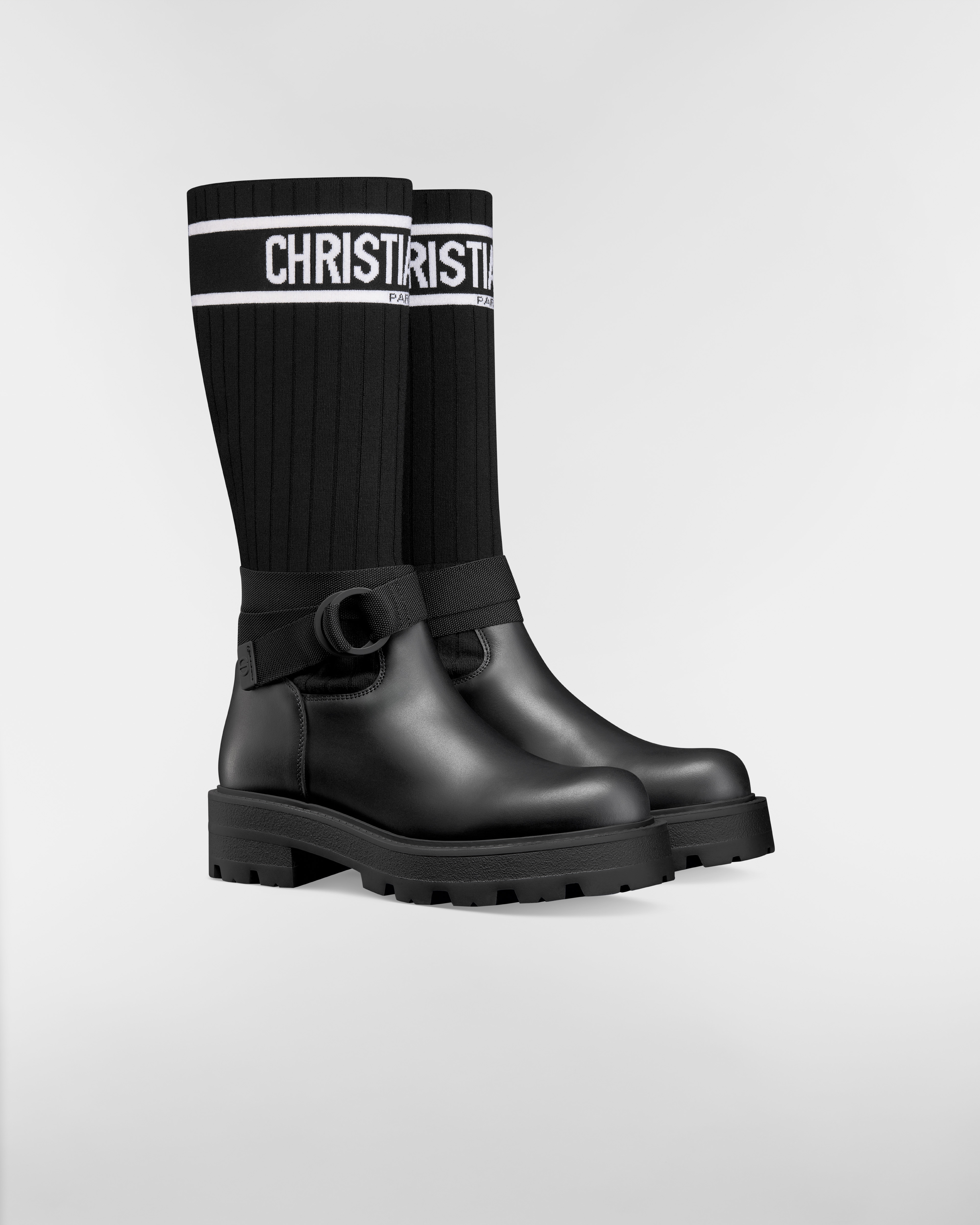 D-Major-laars Zwart kalfsleer en zwarte en witte technische gebreide stof E03