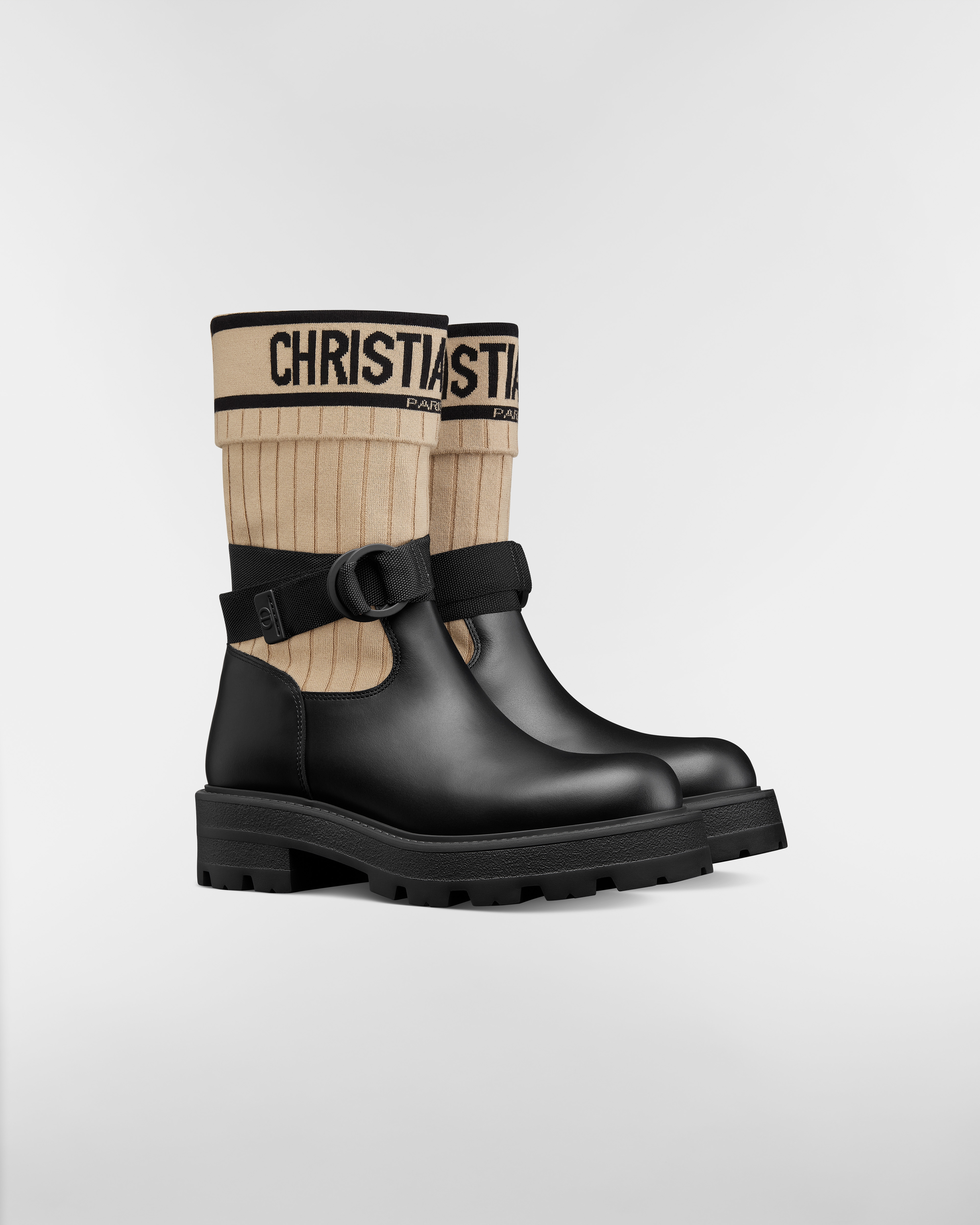 D-Major-enkellaars Zwart kalfsleer en beige en zwarte technische gebreide stof E03