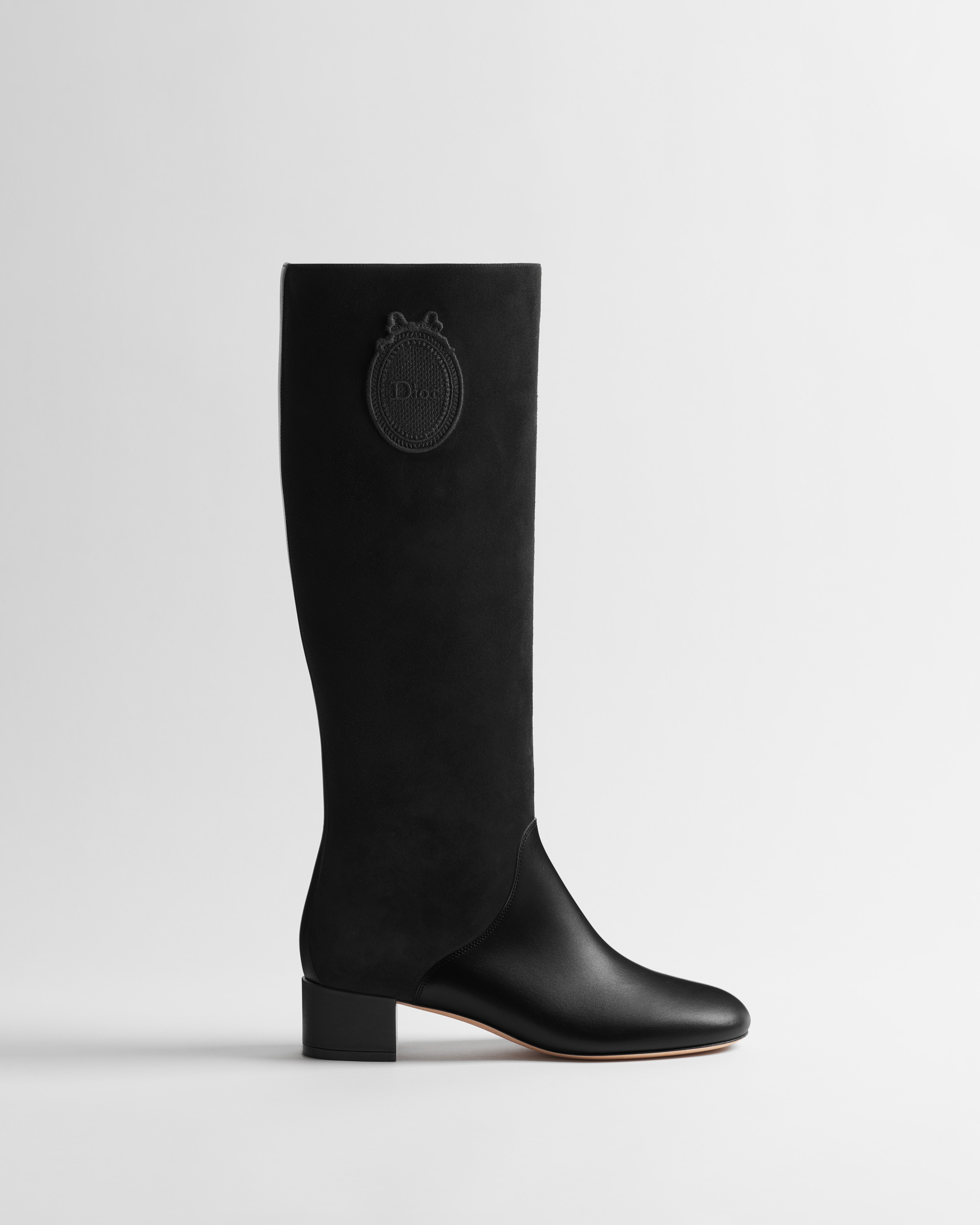 Dior Médaillon Heeled Boot Black Calfskin and Suede Goatskin E02