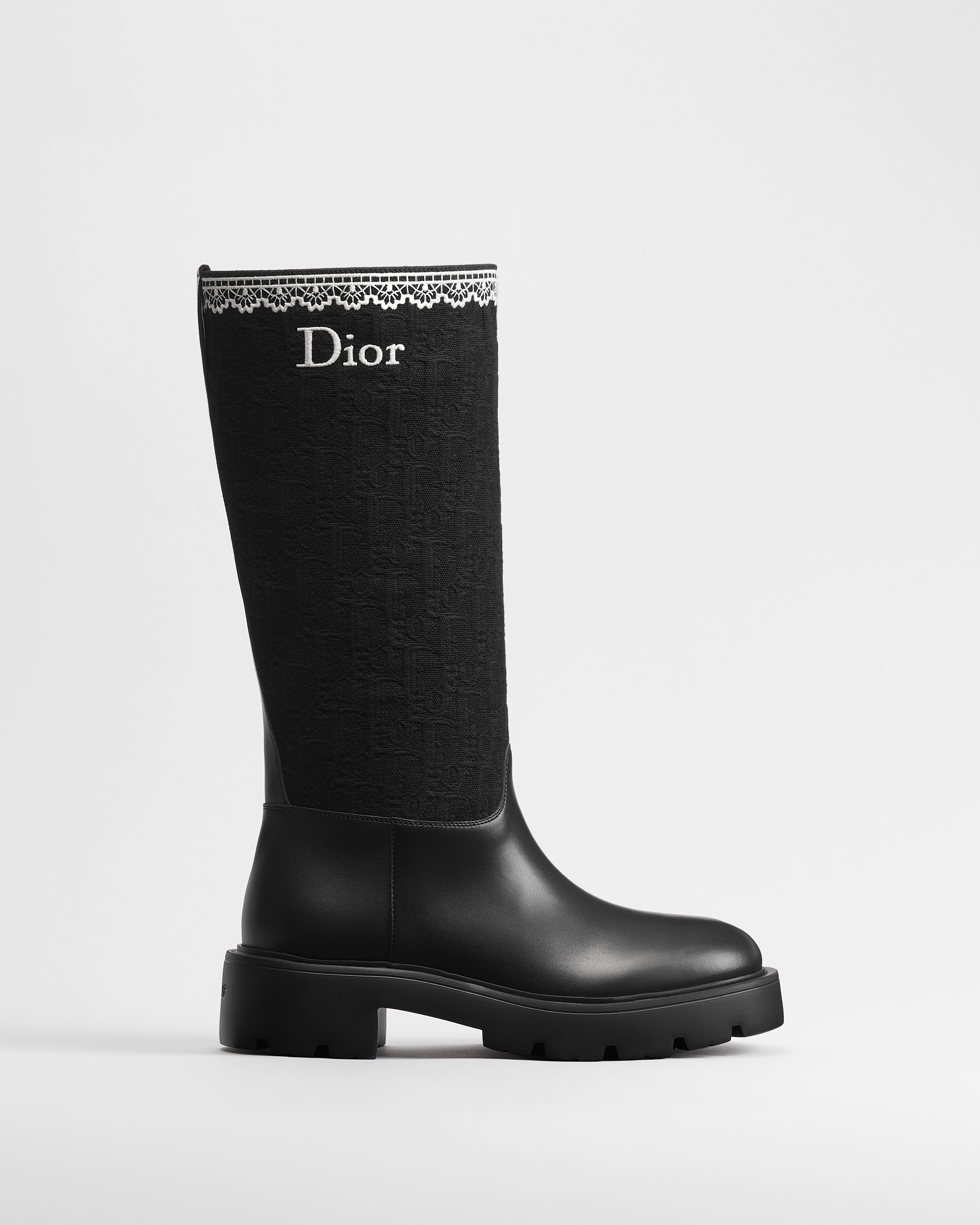 Dior Dentelle Boot Black Calfskin, Black Dior Oblique Embroidered Cotton and White Lace E02