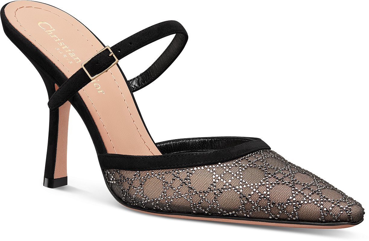 Dior Capture Heeled Mule Transparent Mesh with Silver-Tone Strass Cannage  Motif and Black Suede Goatskin | DIOR
