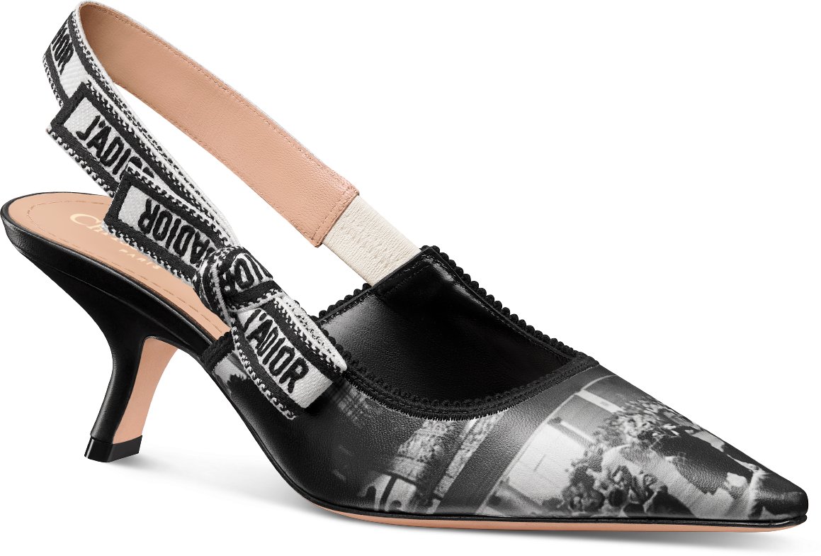 J Adior Slingback Pump Gray and Black Lambskin Printed with Monsieur Dior Patchwork Motif DIOR