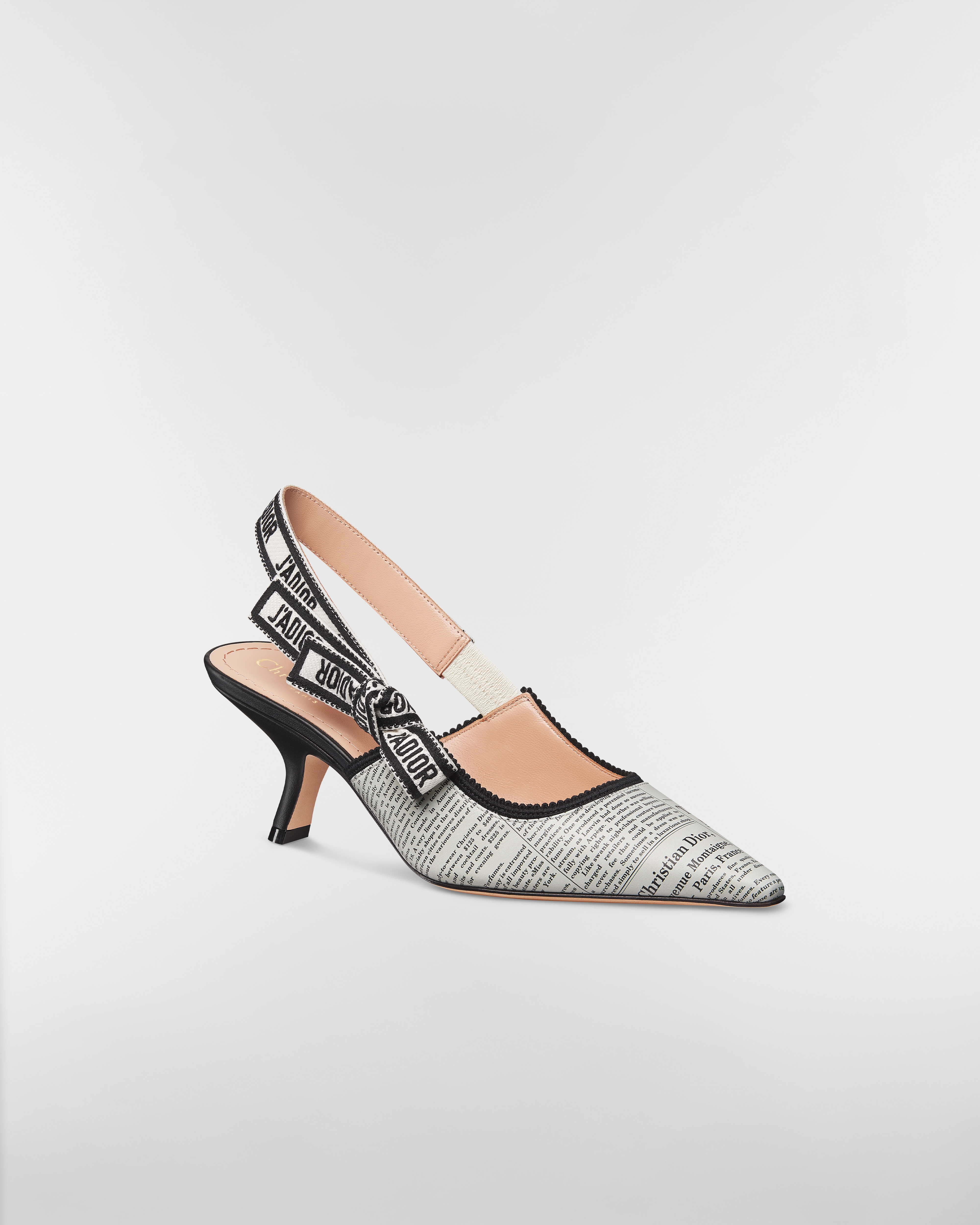 Escarpin slingback J'Adior Cuir d'agneau imprimé du motif Newspaper blanc et noir E03