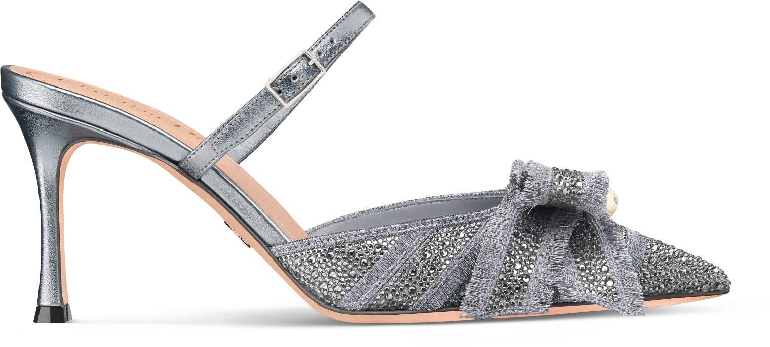 Dior Or Adiorable Heeled Mule Profile view Silver-Tone Cotton Embroidered with Metallic Thread and Strass and Laminated Lambskin
