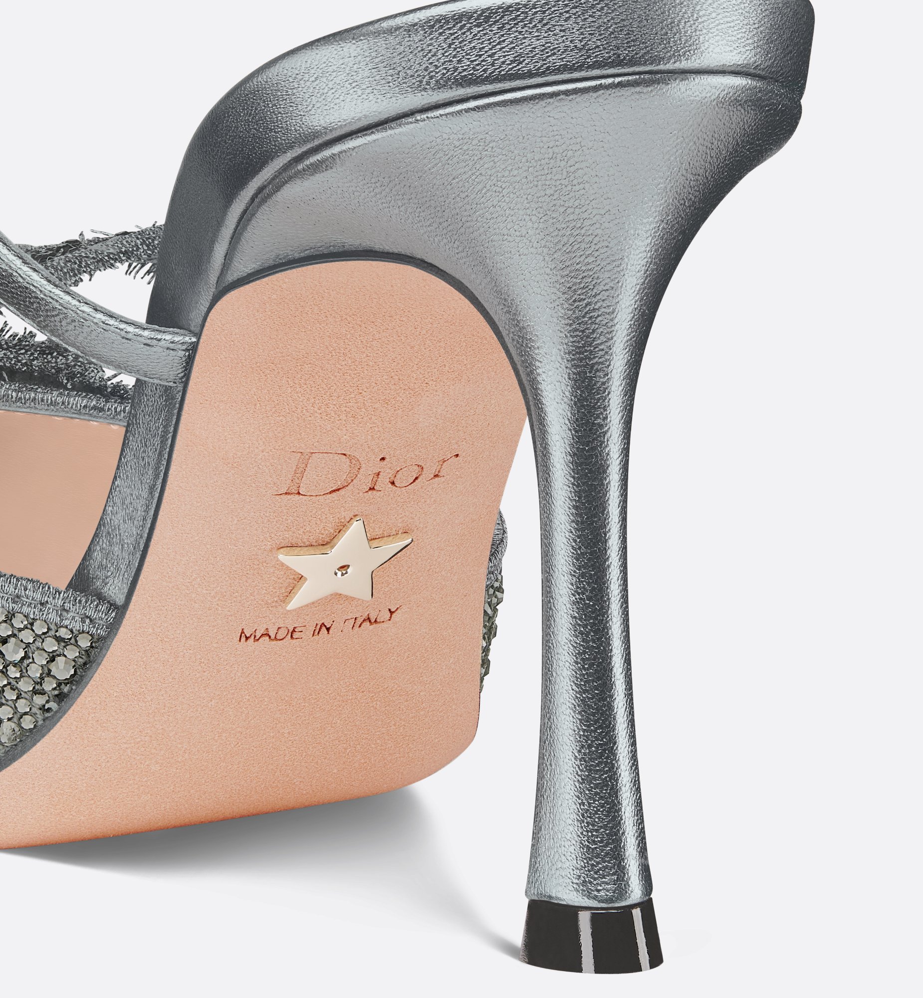 Dior Or Adiorable Heeled Mule Silver-Tone Cotton Embroidered Dior Or Adiorable Heeled Mule Silver-Tone Cotton Embroidered