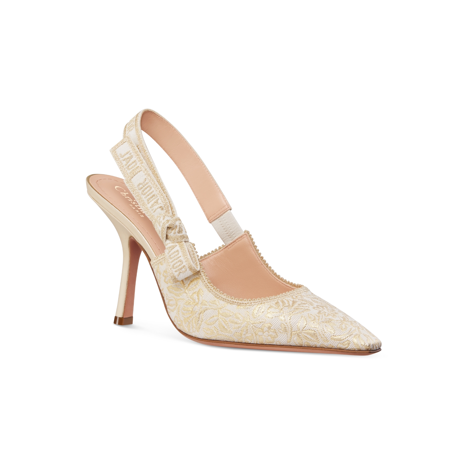 Scarpin slingback J'Adior Algodão branco bordado com motivo Millefiori em fio metálico dourado E03