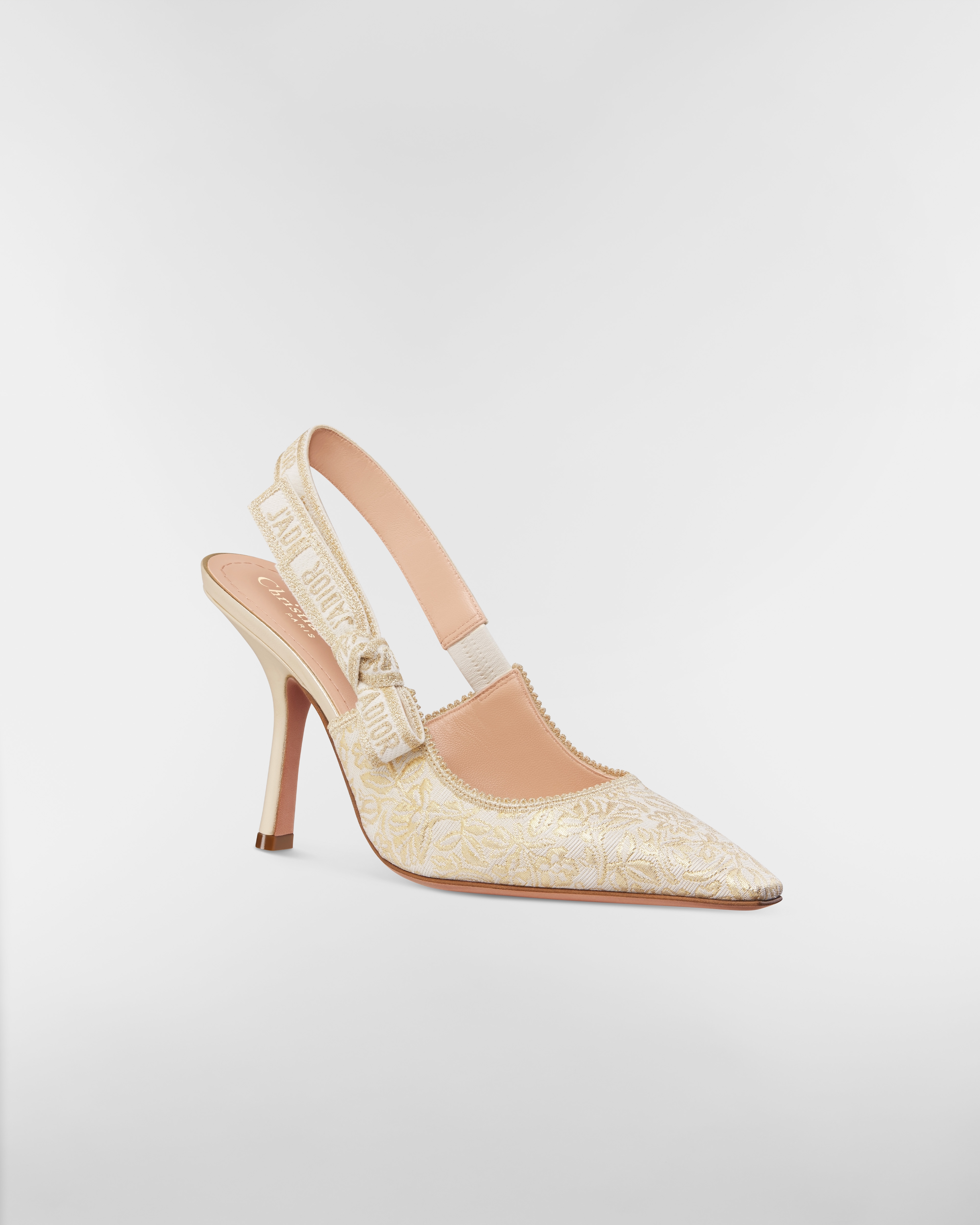 J'Adior Slingback Pump White Cotton Embroidered with Millefiori Motif in Gold-Tone Metallic Thread E03