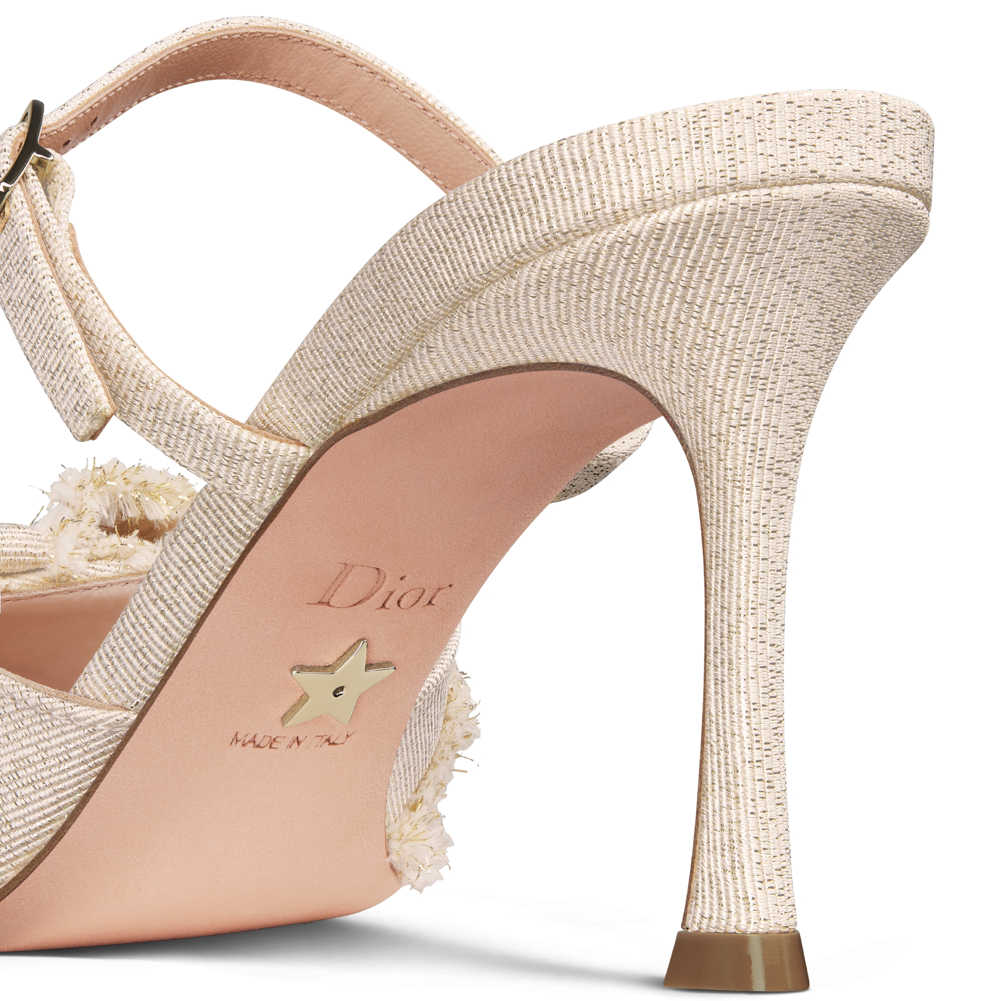 Adiorable Heeled Mule Gold-Tone Fringed Laminated Grosgrain E09