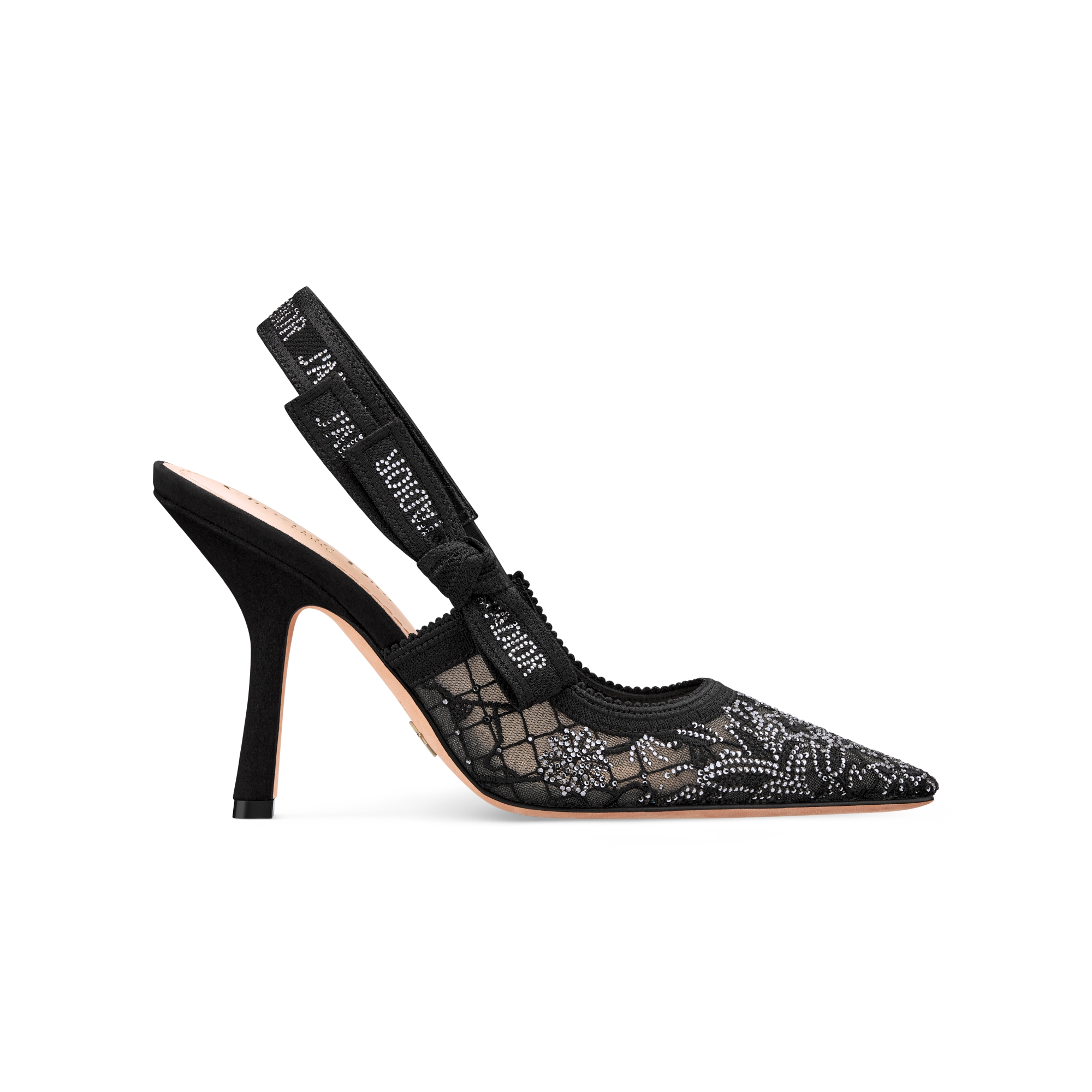 J'Adior Slingback Pump Transparent Mesh Embroidered with Black Millefiori Motif and Silver-Tone Strass E02