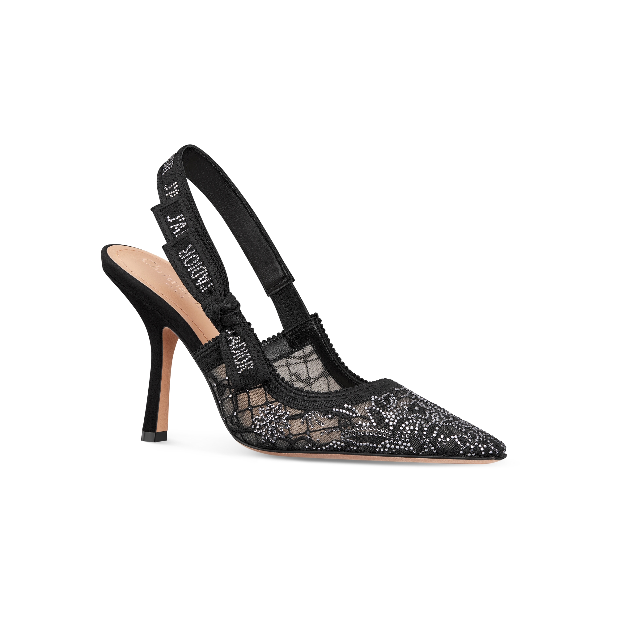 J'Adior Slingback Pump Transparent Mesh Embroidered with Black Millefiori Motif and Silver-Tone Strass E03