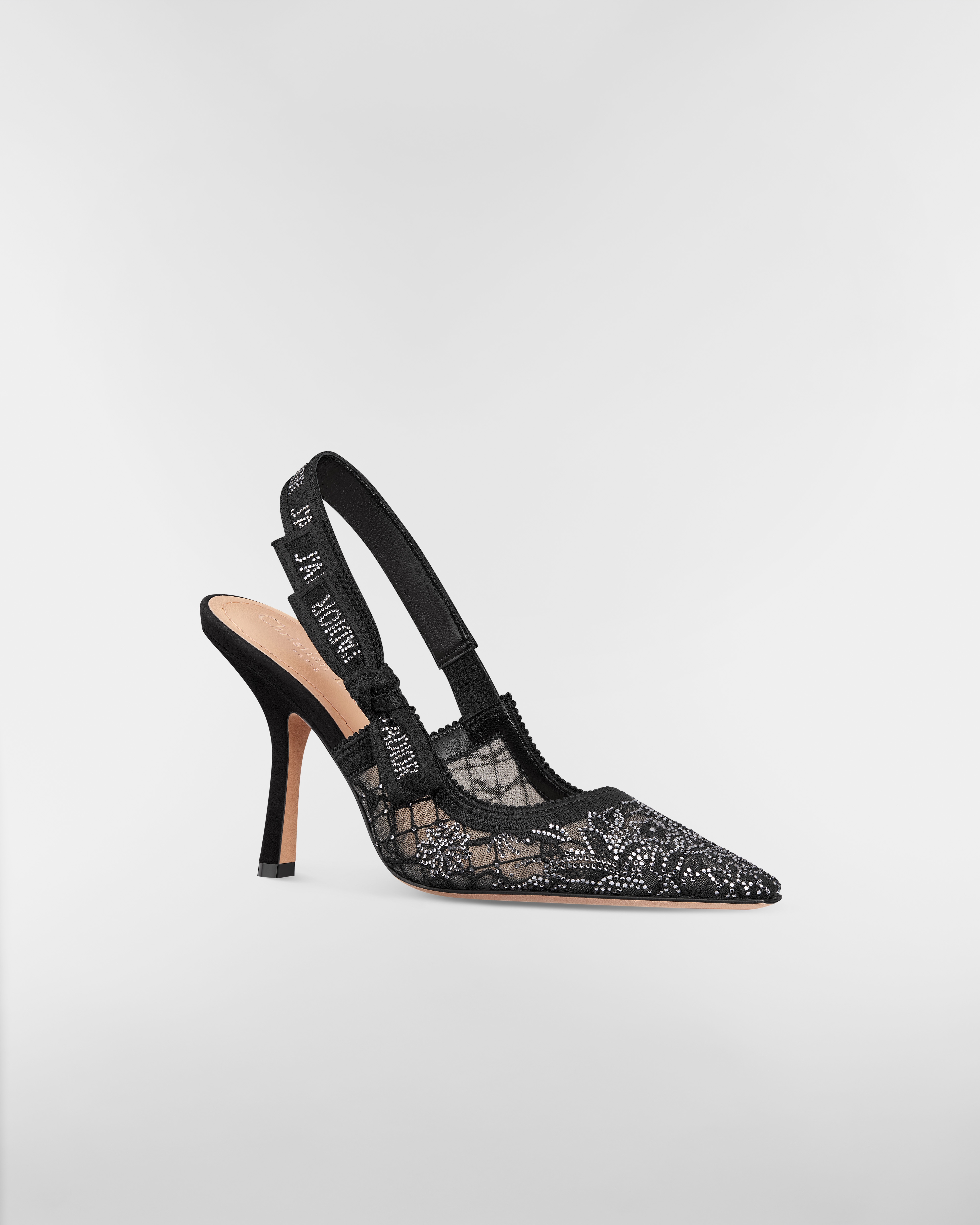 Escarpin slingback J'Adior Résille transparente brodée du motif Millefiori noir et strass argentés E03