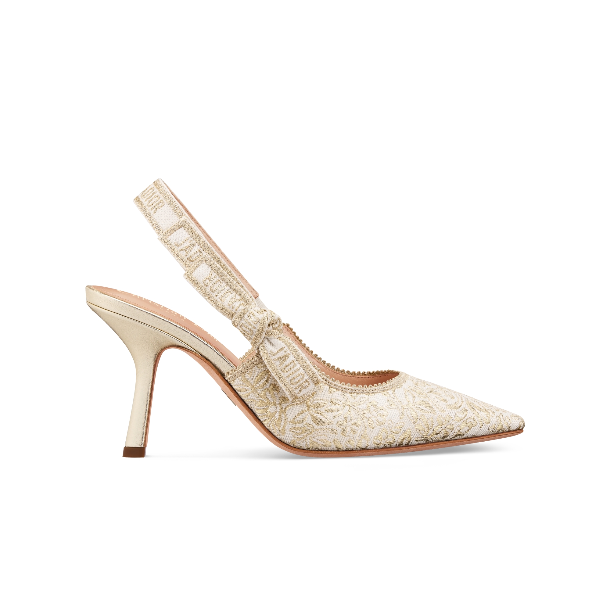 J'Adior Slingback Pump White Cotton Embroidered with Millefiori Motif in Gold-Tone Metallic Thread E02